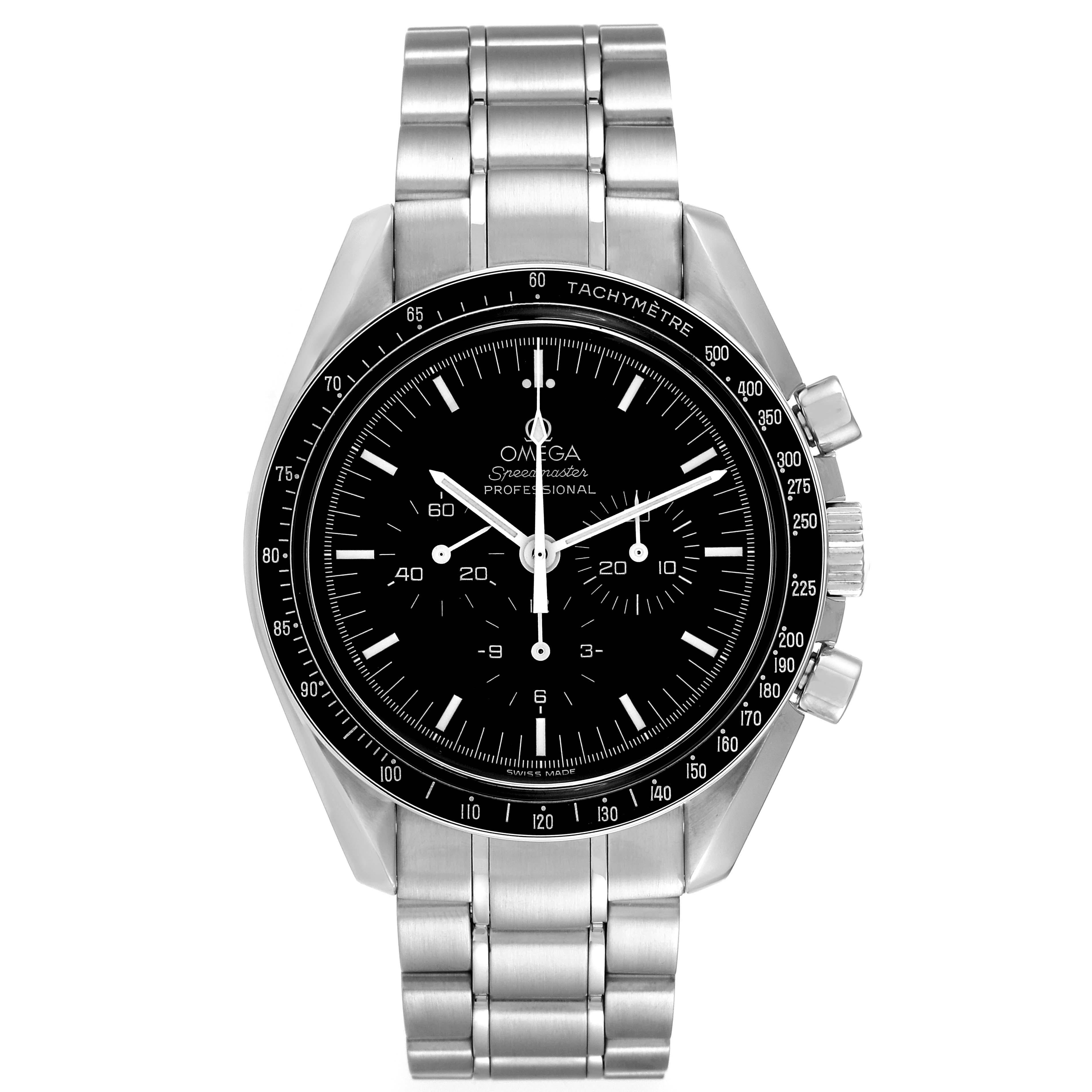 Omega Speedmaster MoonWatch Chronograph Black Dial Steel Mens Watch 3570.50.00. Manual winding chronograph movement. Stainless steel round case 42.0 mm in diameter. Stainless steel bezel with tachymetre function. Hesalite acrylic crystal. Black dial