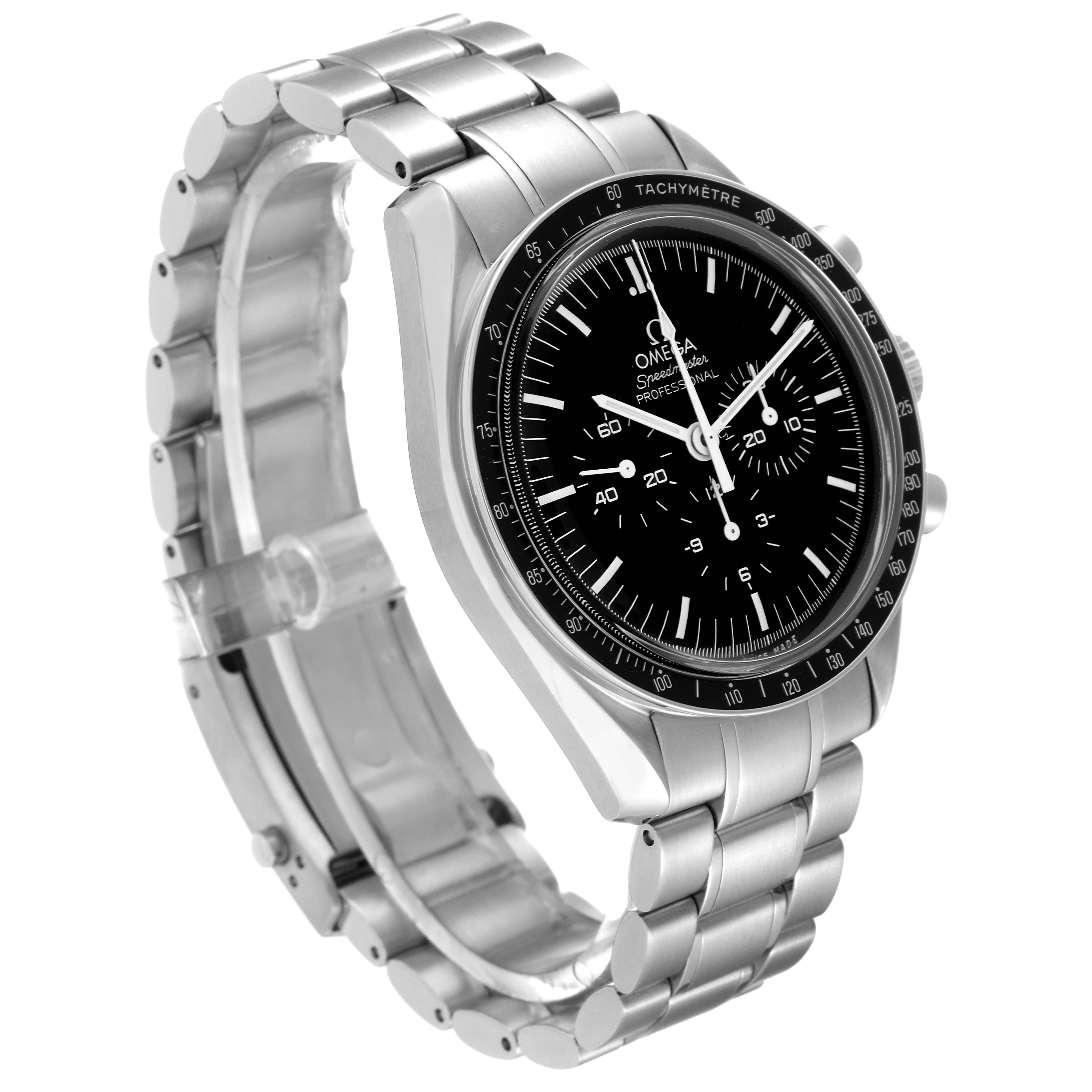 Omega Speedmaster MoonWatch Chronograph Steel Mens Watch 3570.50.00 Box Card. Manual winding chronograph movement. Stainless steel round case 42.0 mm in diameter. Stainless steel bezel with tachymetre function. Hesalite acrylic crystal. Black dial