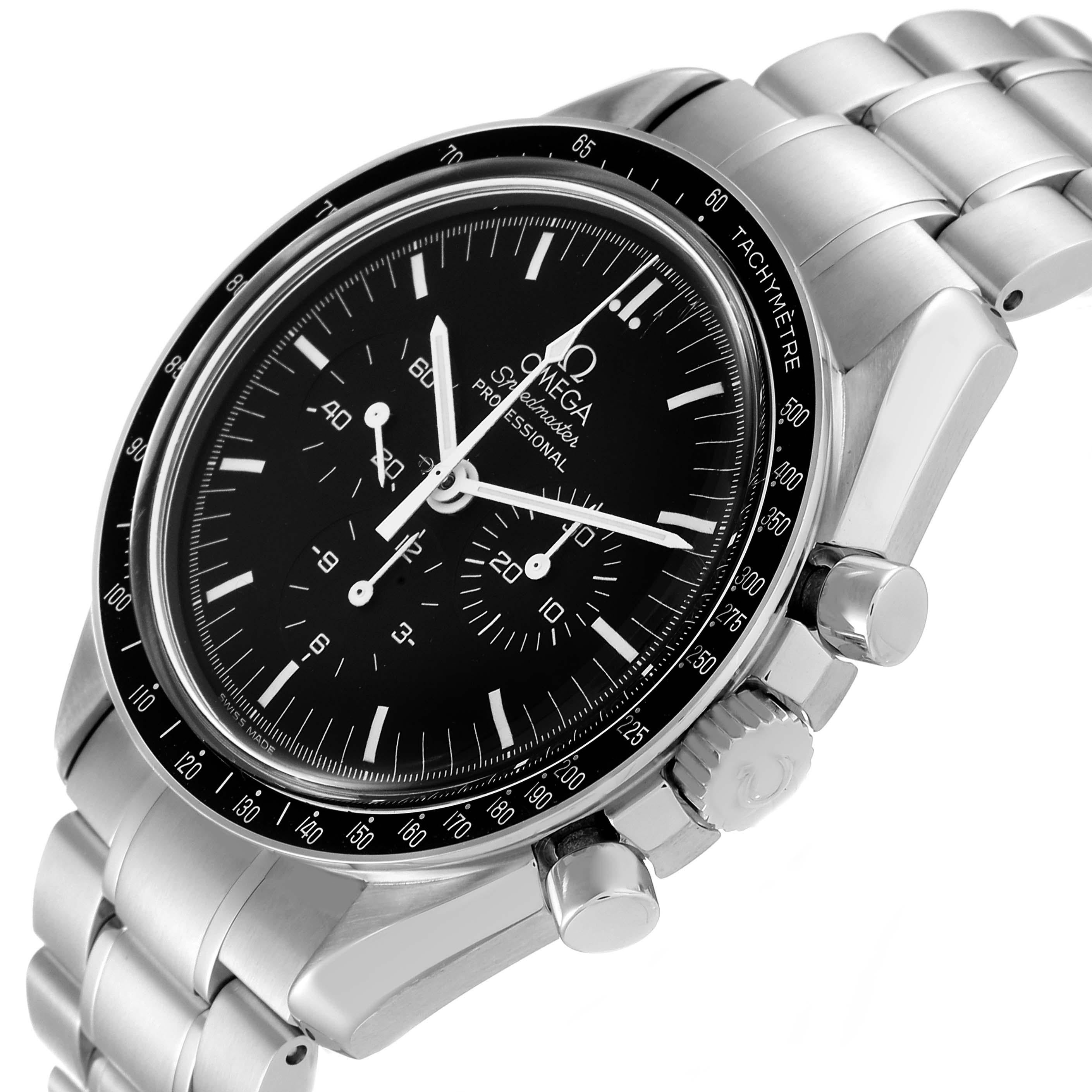 Omega Speedmaster MoonWatch Chronograph Steel Mens Watch 3570.50.00 Box Card. Manual winding chronograph movement. Stainless steel round case 42.0 mm in diameter. Stainless steel bezel with tachymetre function. Hesalite acrylic crystal. Black dial
