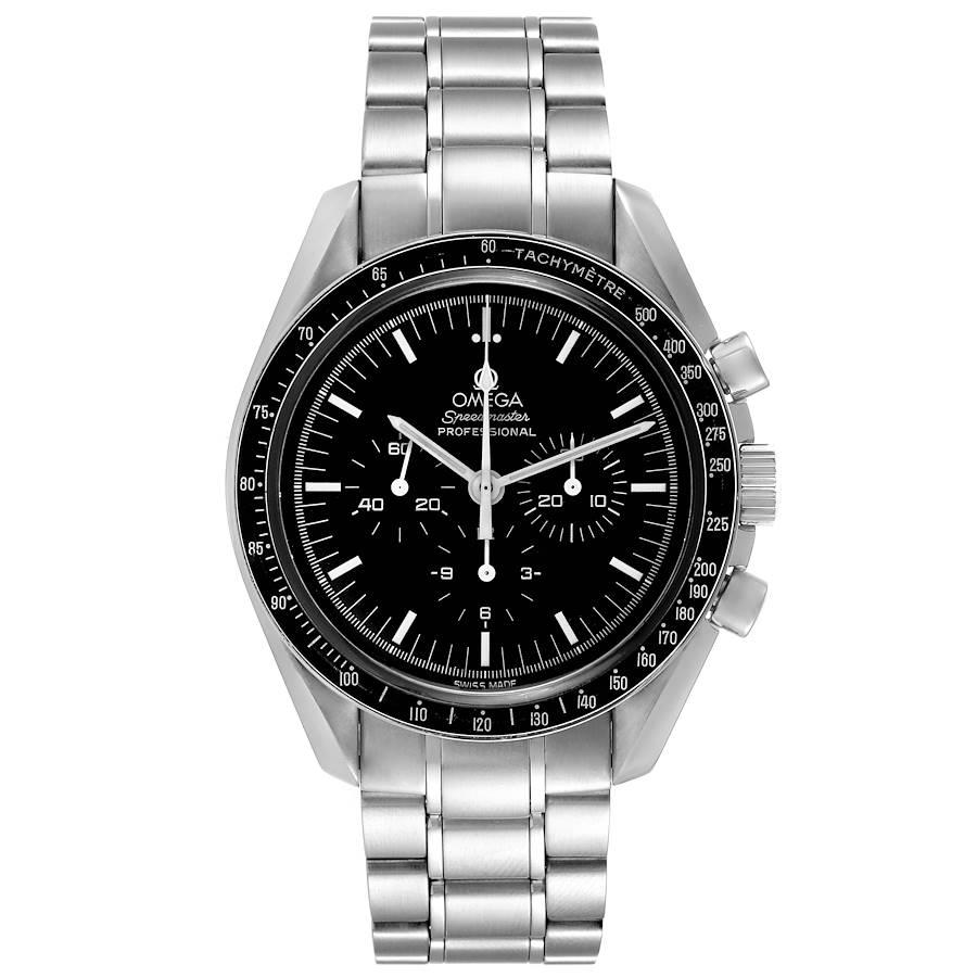 Omega Speedmaster Moonwatch Hesalite Sapphire Mens Watch 3572.50.00 Box Card. Manual winding chronograph movement. Caliber 1863. Stainless steel round case 42.0 mm in diameter. Exhibition sapphire caseback. Stainless steel bezel with black insert
