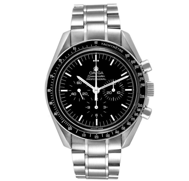 Omega Speedmaster Moonwatch Hesalite Sapphire Mens Watch 3572.50.00. Manual winding chronograph movement. Caliber 1863. Stainless steel round case 42.0 mm in diameter. Exhibition sapphire caseback. Stainless steel bezel with black insert and