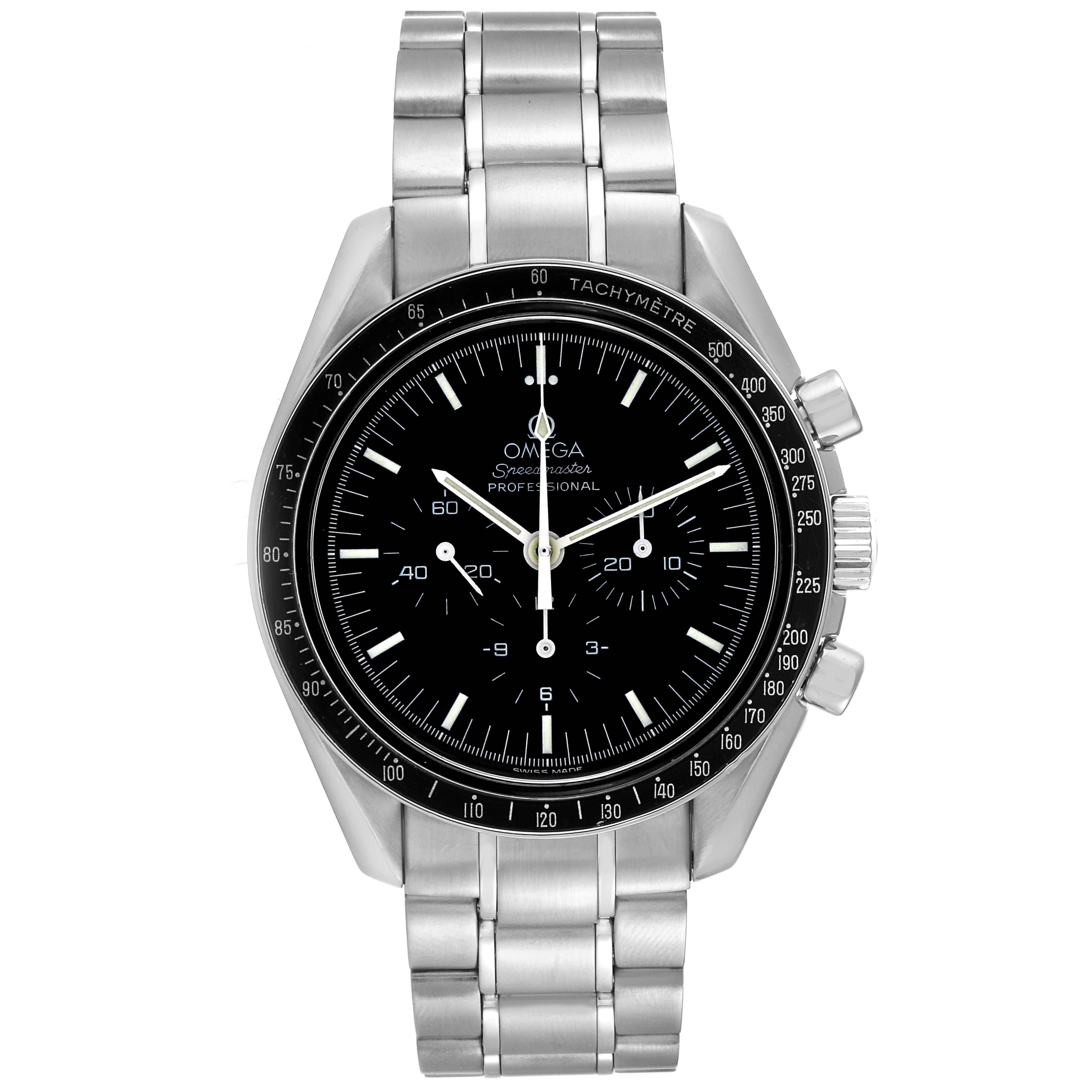 Omega Speedmaster Moonwatch Hesalite Sapphire Steel Mens Watch 3572.50.00 Box Card. Manual winding chronograph movement. Caliber 1863. Stainless steel round case 42.0 mm in diameter. Exhibition transparent sapphire crystal caseback. Stainless steel