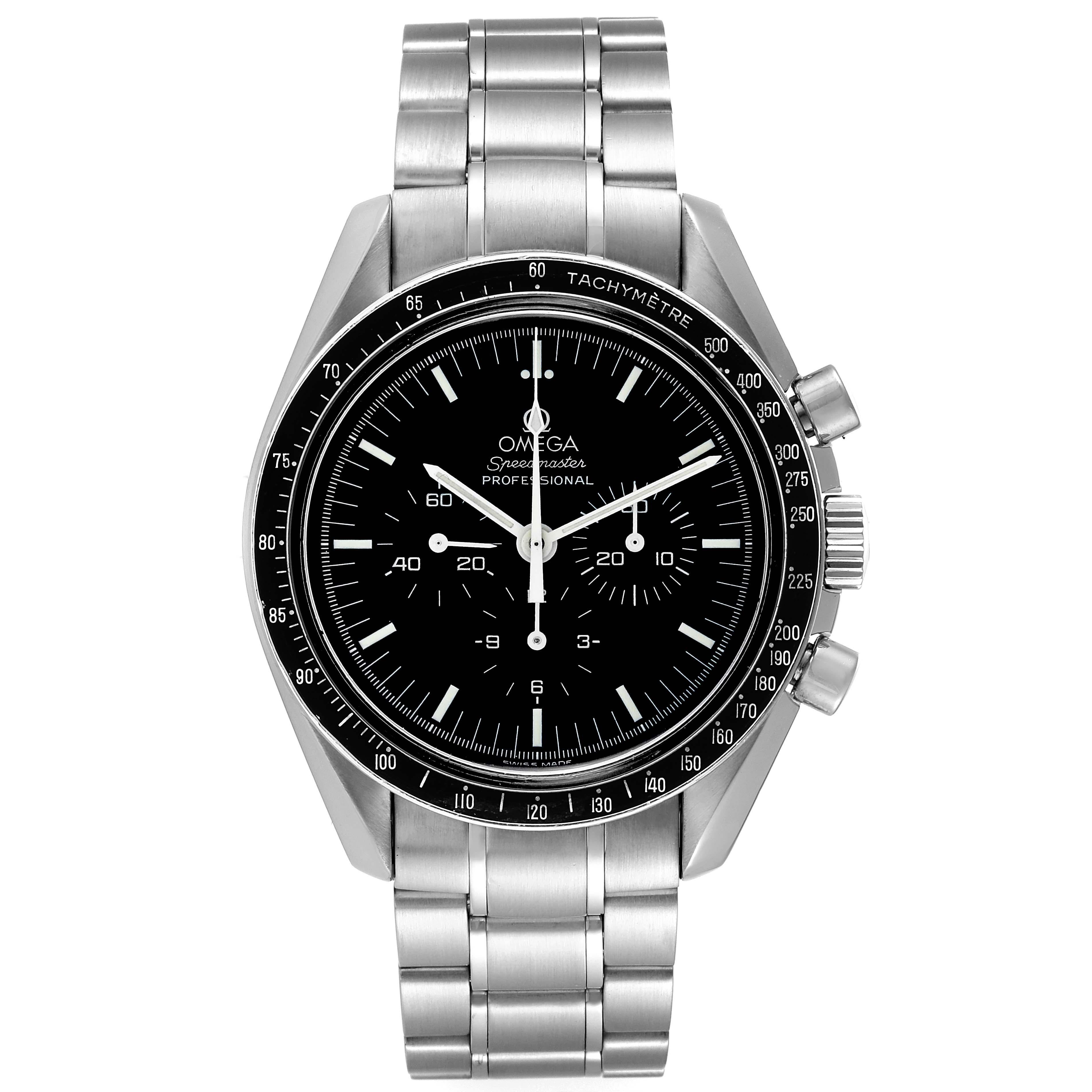 Omega Speedmaster Moonwatch Hesalite Sapphire Steel Mens Watch 3572.50.00. Manual winding chronograph movement. Caliber 1863. Stainless steel round case 42.0 mm in diameter. Exhibition transparent sapphire crystal caseback. Stainless steel bezel
