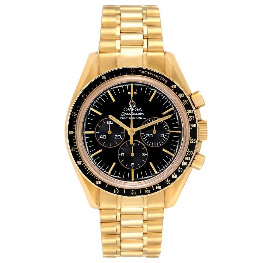 Omega Speedmaster Moonwatch Jubilee 27 CHRO C12 Yellow Gold Watch 3191.50. Manual-winding chronograph movement. Caliber 864. 18K yellow gold round case 42.0 mm in diameter. Black bezel with tachymetre function. Scratch-resistant sapphire crystal