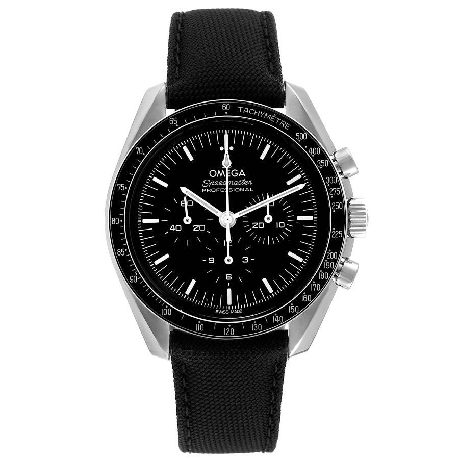 Omega Speedmaster Moonwatch Professional Watch 310.32.42.50.01.001 Box Card. Manual winding chronograph movement. Stainless steel round case 42 mm in diameter. Omega logo on a crown. Stainless steel bezel with tachymetre function. Hesalite crystal.
