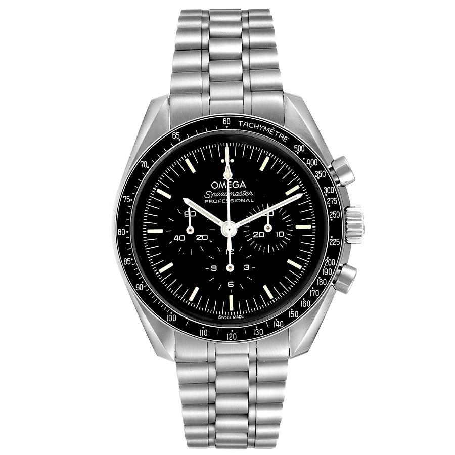 Omega Speedmaster Moonwatch Professional Watch 311.30.42.50.01.001 Box Card. Manual winding chronograph movement. Stainless steel round case 42 mm in diameter. Stainless steel bezel with tachymetre function. Hesalite crystal. Black dial with indexes