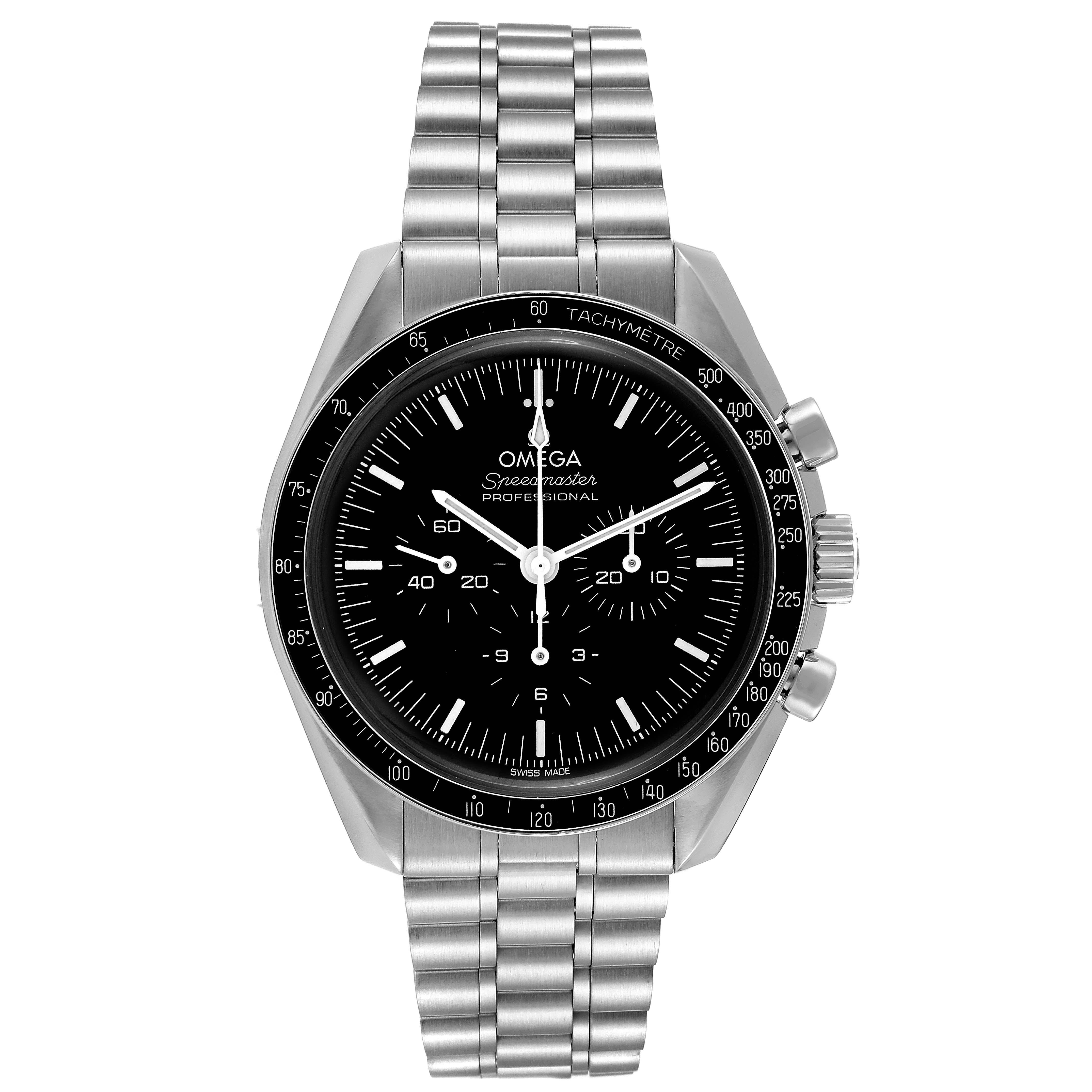 Omega Speedmaster Moonwatch Steel Mens Watch 310.30.42.50.01.001 Box Card. Manual winding chronograph movement. Stainless steel round case 42 mm in diameter. Omega logo on a crown. Stainless steel bezel with tachymetre function. Hesalite acrylic