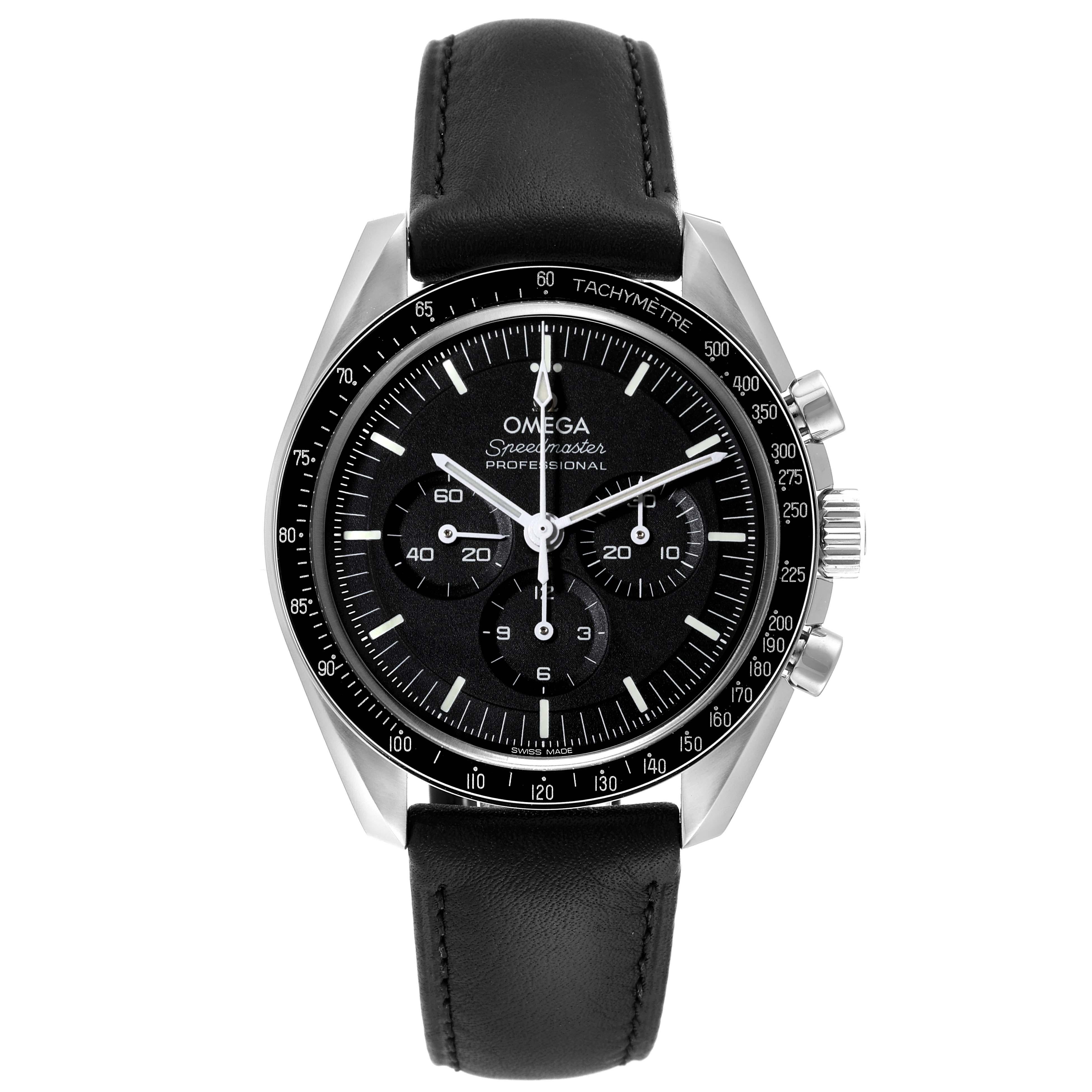 Omega Speedmaster Moonwatch Steel Mens Watch 310.32.42.50.01.002 Box Card. Manual winding chronograph movement. Stainless steel round case 42 mm in diameter. Omega logo on the crown. Transparent exhibition sapphire crystal caseback. Black bezel with