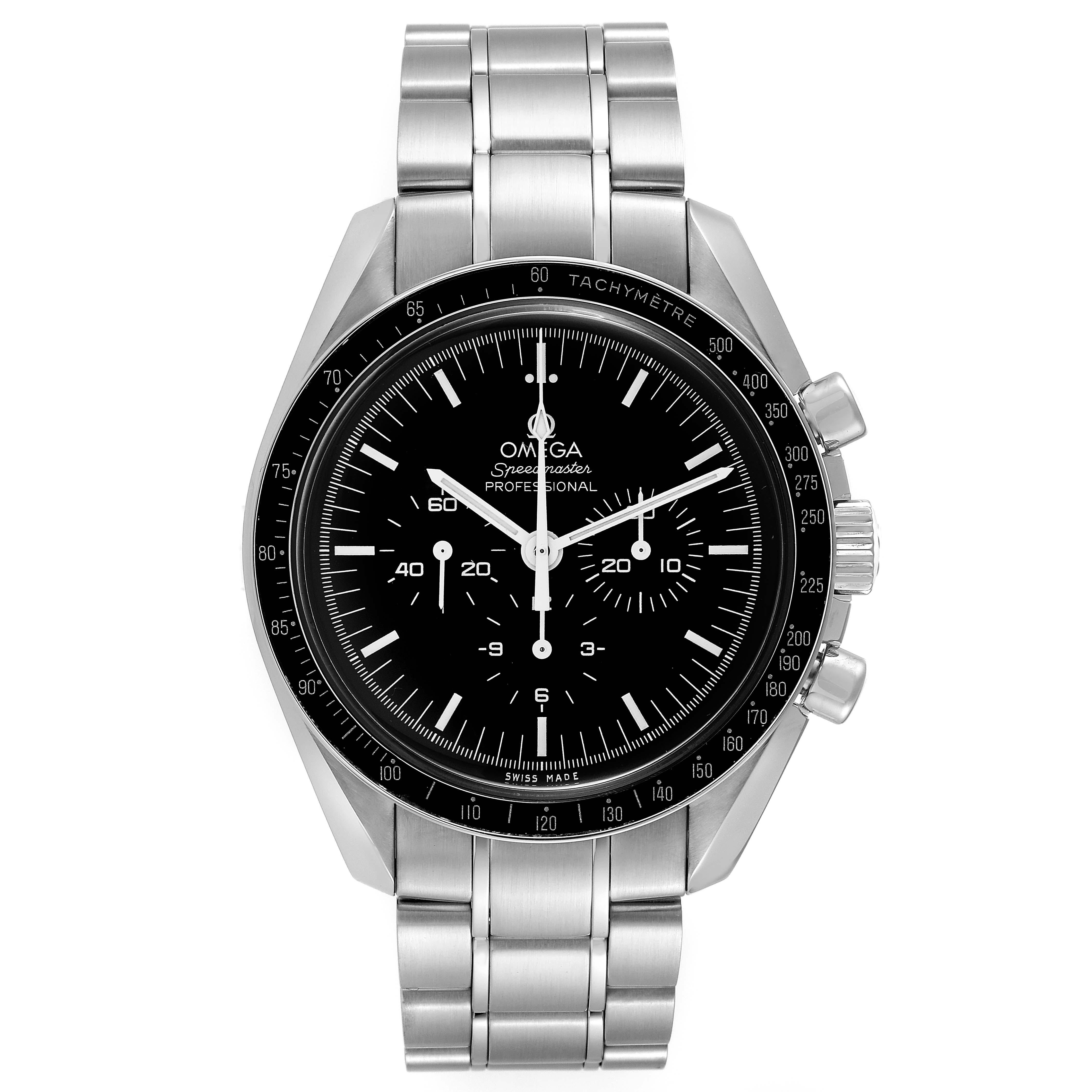 Omega Speedmaster Moonwatch Steel Mens Watch 311.30.42.30.01.005 Box Card. Manual winding chronograph movement. Stainless steel round case 42.0 mm in diameter. Stainless steel bezel with tachymeter function. Hesalite acrylic crystal. Black dial with