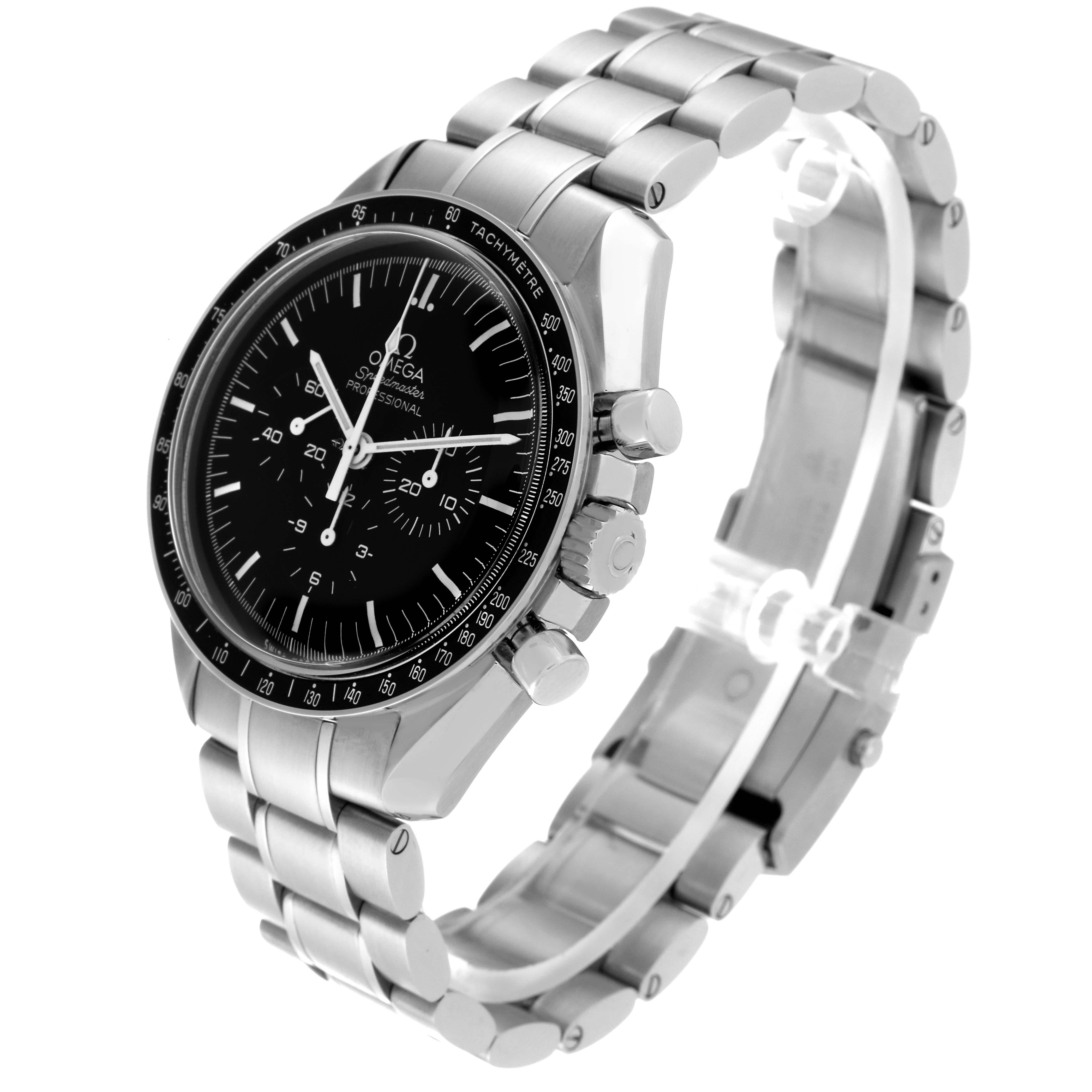 Omega Speedmaster Moonwatch Steel Mens Watch 311.30.42.30.01.005 Box Card. Manual winding chronograph movement. Stainless steel round case 42.0 mm in diameter. Stainless steel bezel with tachymeter function. Hesalite acrylic crystal. Black dial with