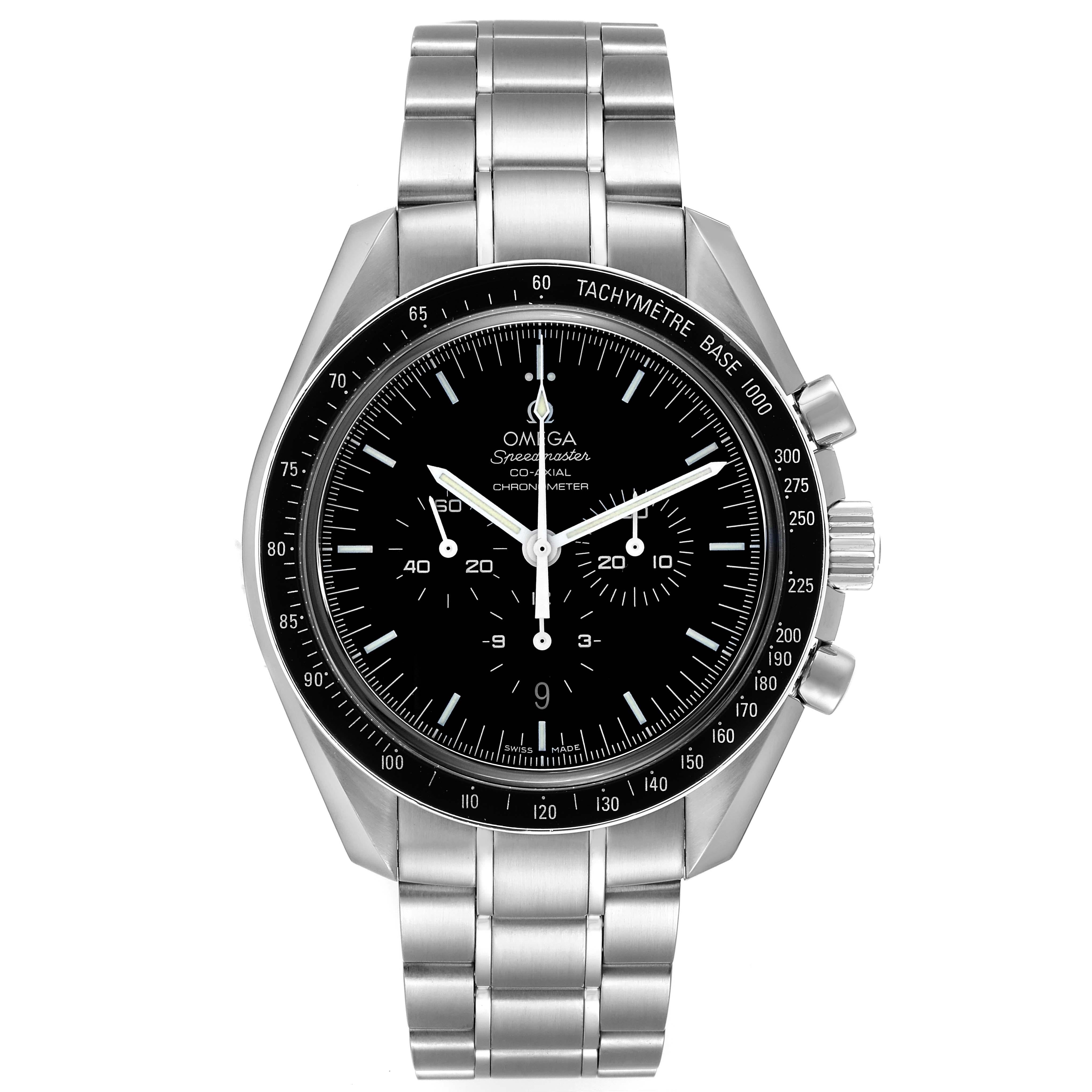 Omega Speedmaster Moonwatch Steel Mens Watch 311.30.44.50.01.001 Box Card. Automatic self-winding Co-Axial chronograph movement. Stainless steel round case 44.25 mm in diameter. Transparent exhibition sapphire crystal caseback. Numbered caseback.