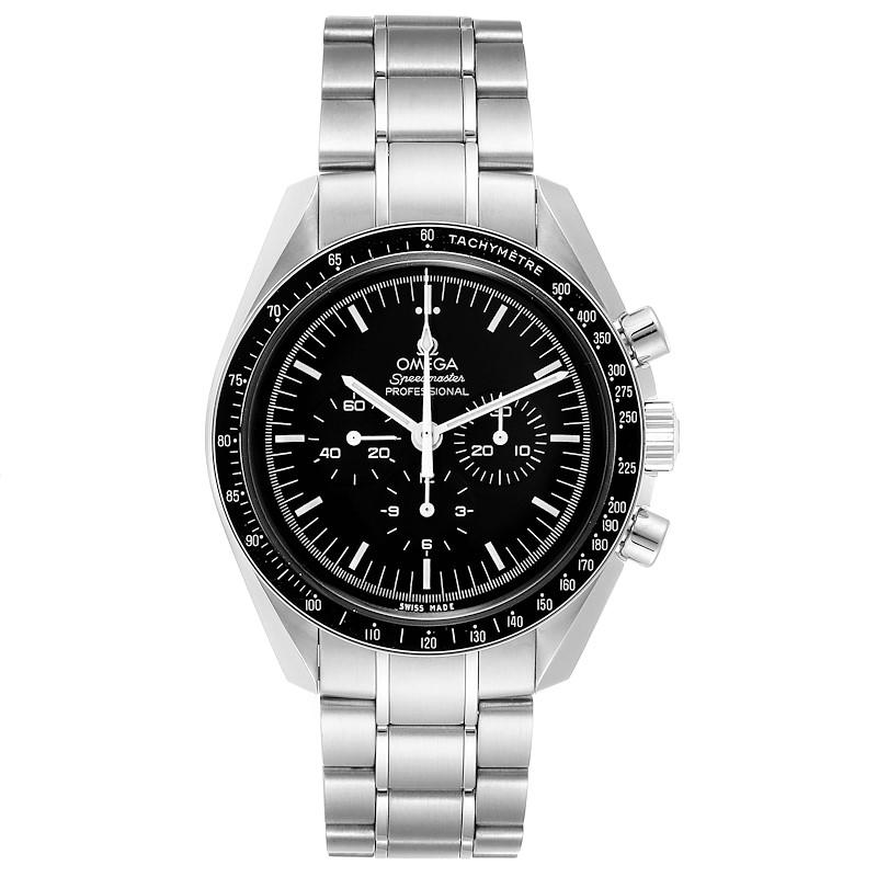 Omega Speedmaster Moonwatch Steel Watch 311.30.42.30.01.005 Box. Manual winding chronograph movement. Stainless steel round case 42.0 mm in diameter. Stainless steel bezel with tachymetre function. Hesalite crystal. Black dial with indexes and