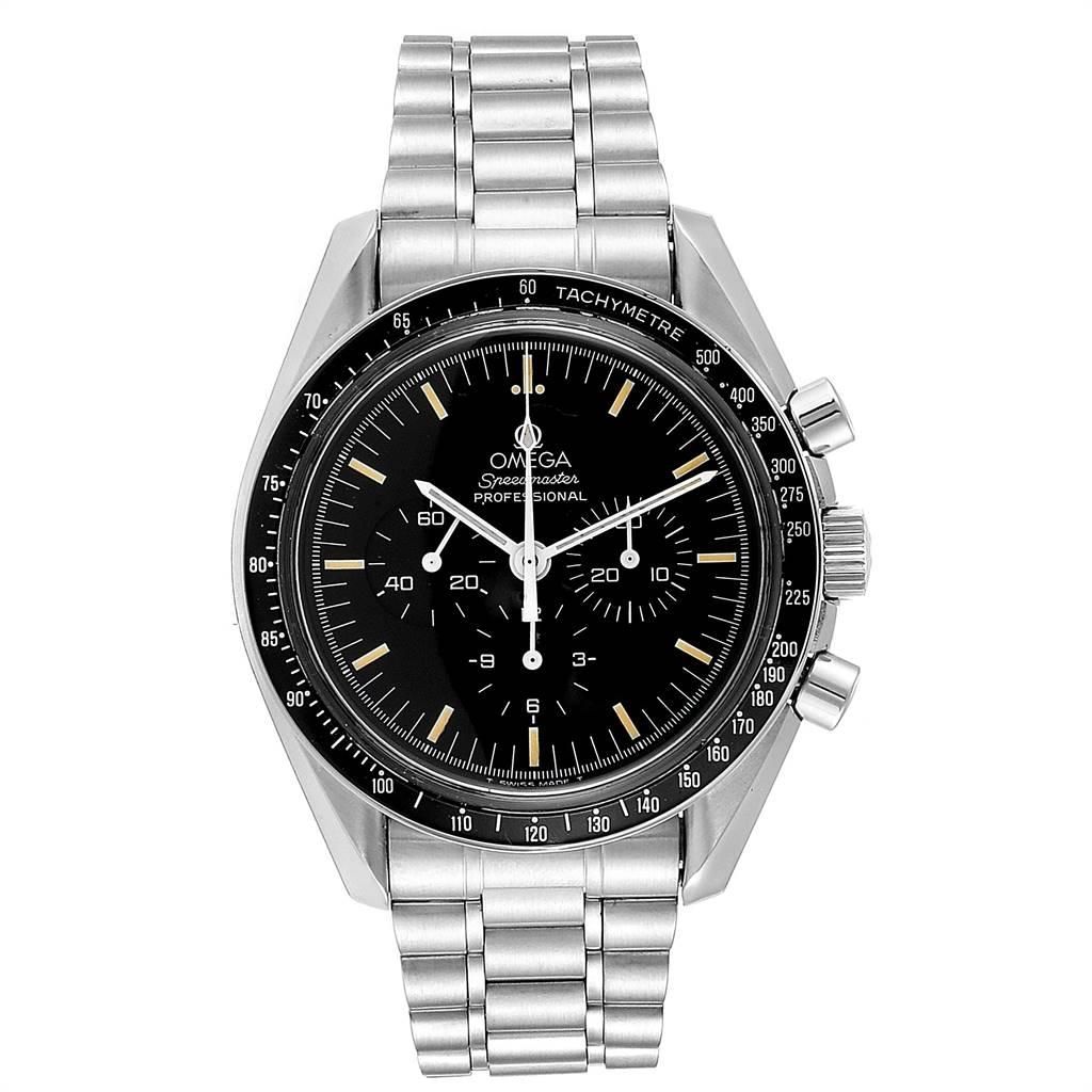 Omega Speedmaster MoonWatch Vintage Caliber 861 Chronograph Mens Watch. Manual winding chronograph movement. Stainless steel 42.0 mm in diameter. Three-body, screwed - down case. Omega logo on a crown. Black tachimetere bezel. Hesalite crystal.