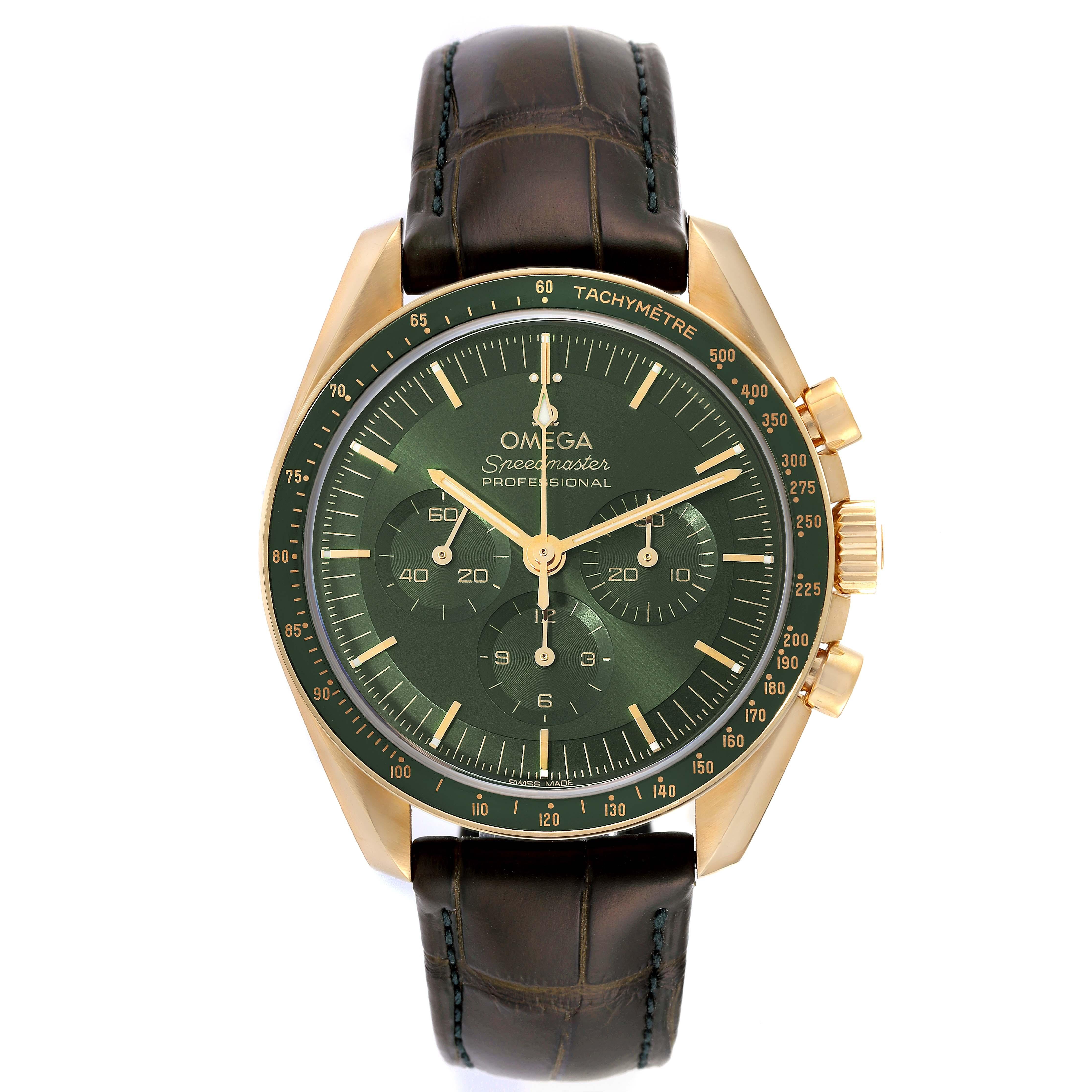 Omega Speedmaster Moonwatch Yellow Gold Mens Watch 310.63.42.50.10.001 Box Card. Manual-winding chronograph movement. 18k yellow gold round case 42.0 mm in diameter. Exhibition transparent sapphire crystal case back. 18k yellow gold bezel with green