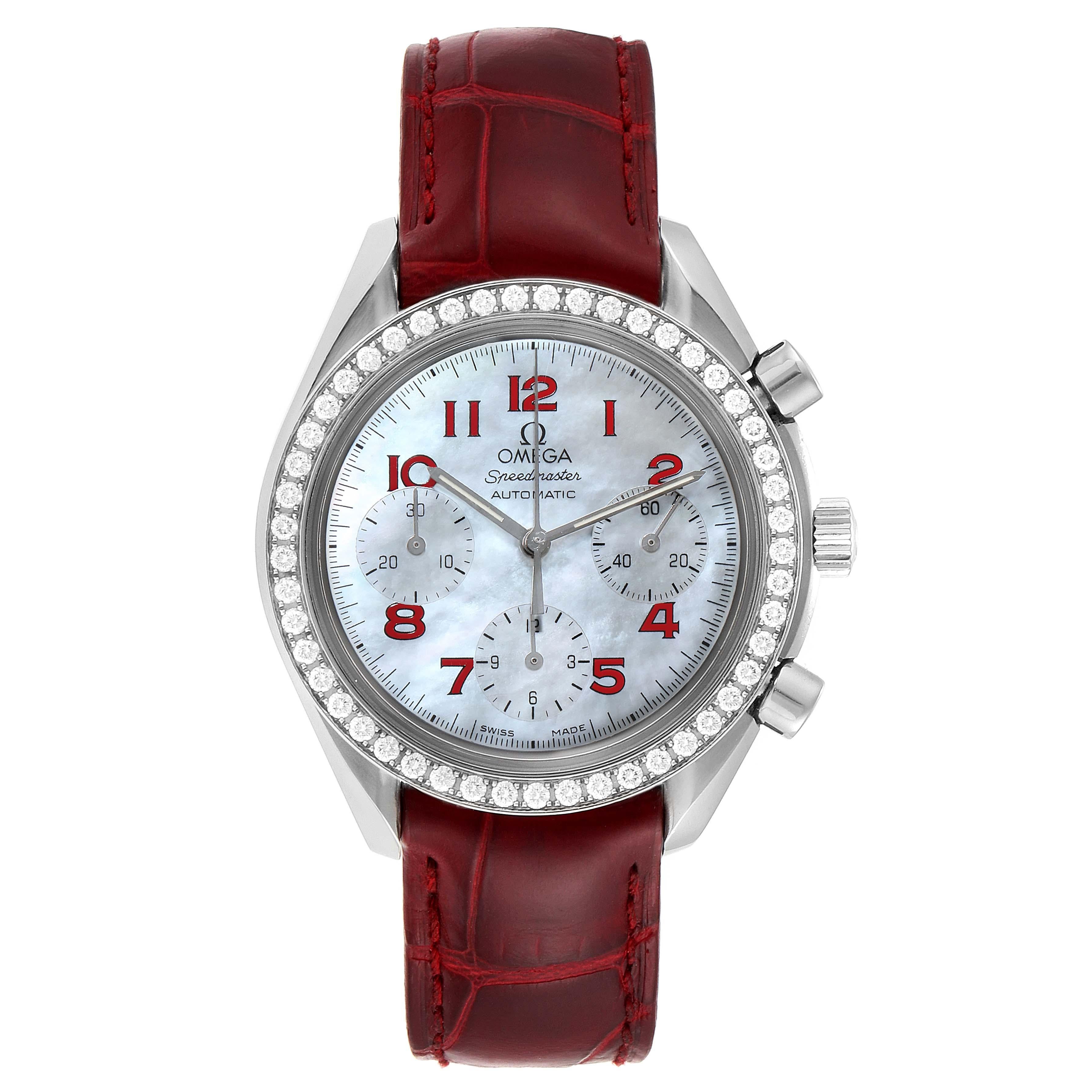 Omega Speedmaster MOP Diamond Red Strap Ladies Watch 3815.79.40. Automatic self-winding chronograph movement. Stainless steel round case 35.5 mm in diameter. Original Omega factory diamond bezel. Scratch-resistant sapphire crystal with