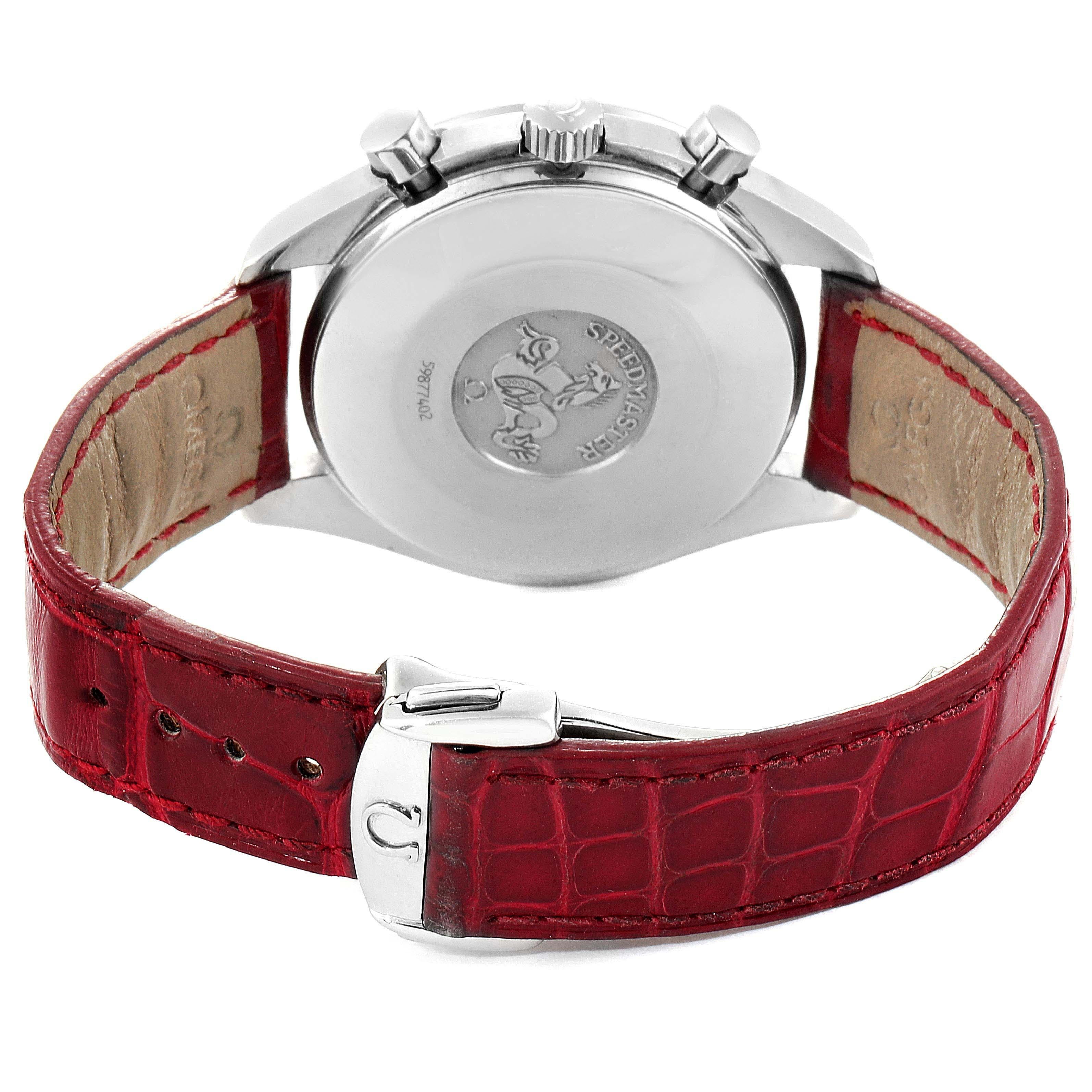 Omega Speedmaster Mother of Pearl Diamond Red Strap Ladies Watch 3815.79.40 In Excellent Condition In Atlanta, GA