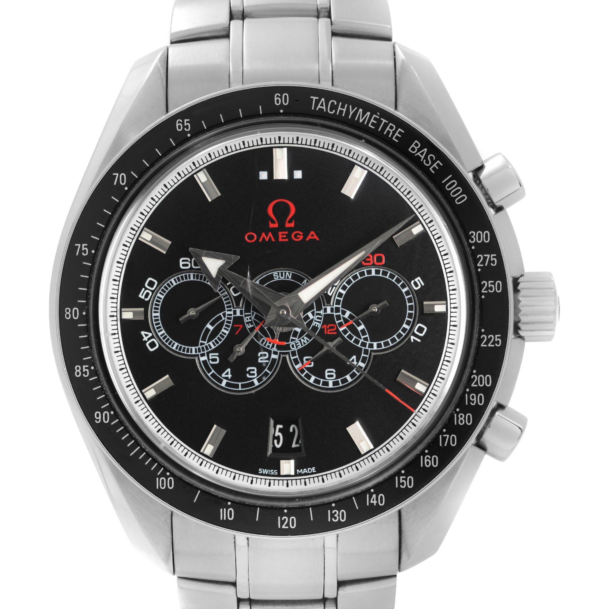 Pre-Owned Omega Broad Arrow Speedmaster Olympic Official Timekeeping 44 mm Stainless Steel Chronograph Day Date Black Dial Men's Automatic Watch 321.30.44.52.01.001. The Timepiece was produced in 2000. The Watch is powered by an Automatic Movement