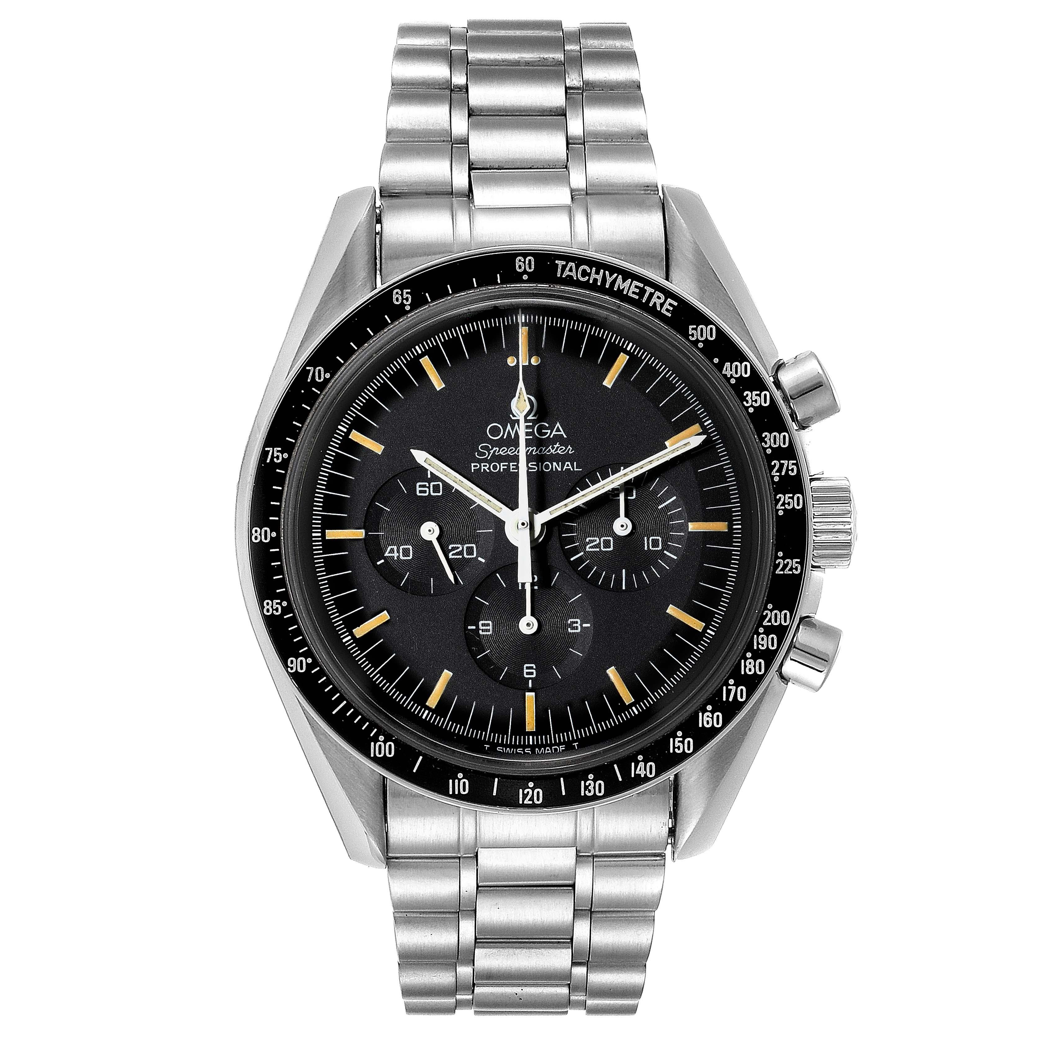 Omega Speedmaster Professional Moon Mens Watch 3592.50.00. Manual winding chronograph movement. Stainless steel round case 42.0 mm in diameter. Exhibition case back. Black bezel with tachymeter function. Hesalite crystal. Black dial with indexes and