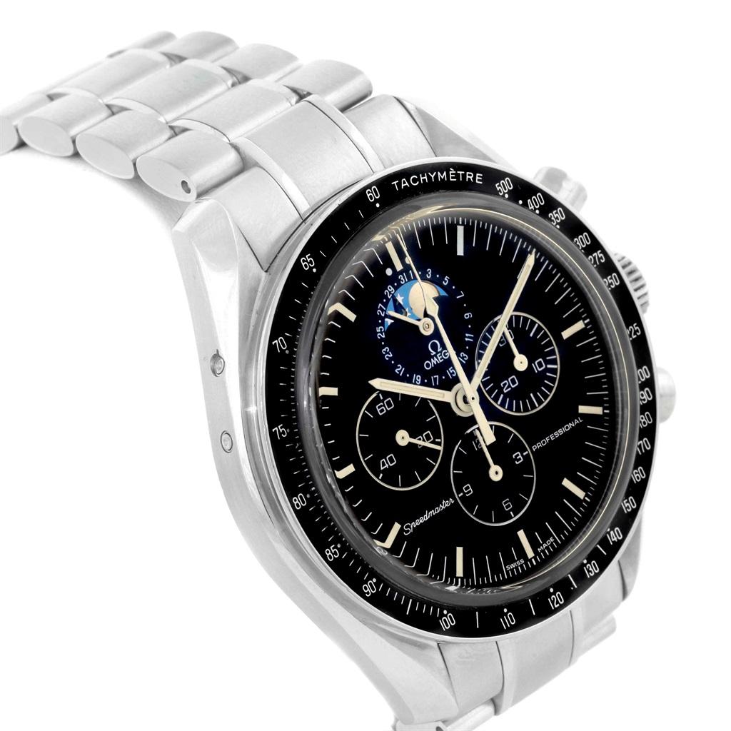 Omega Speedmaster Professional Moonphase Moon Watch 3576.50.00. Manual winding chronograph movement. Stainless steel round case 42.0 mm in diameter. Transparent case back. Fixed stainless steel bezel with tachymetre function. Scratch-resistant