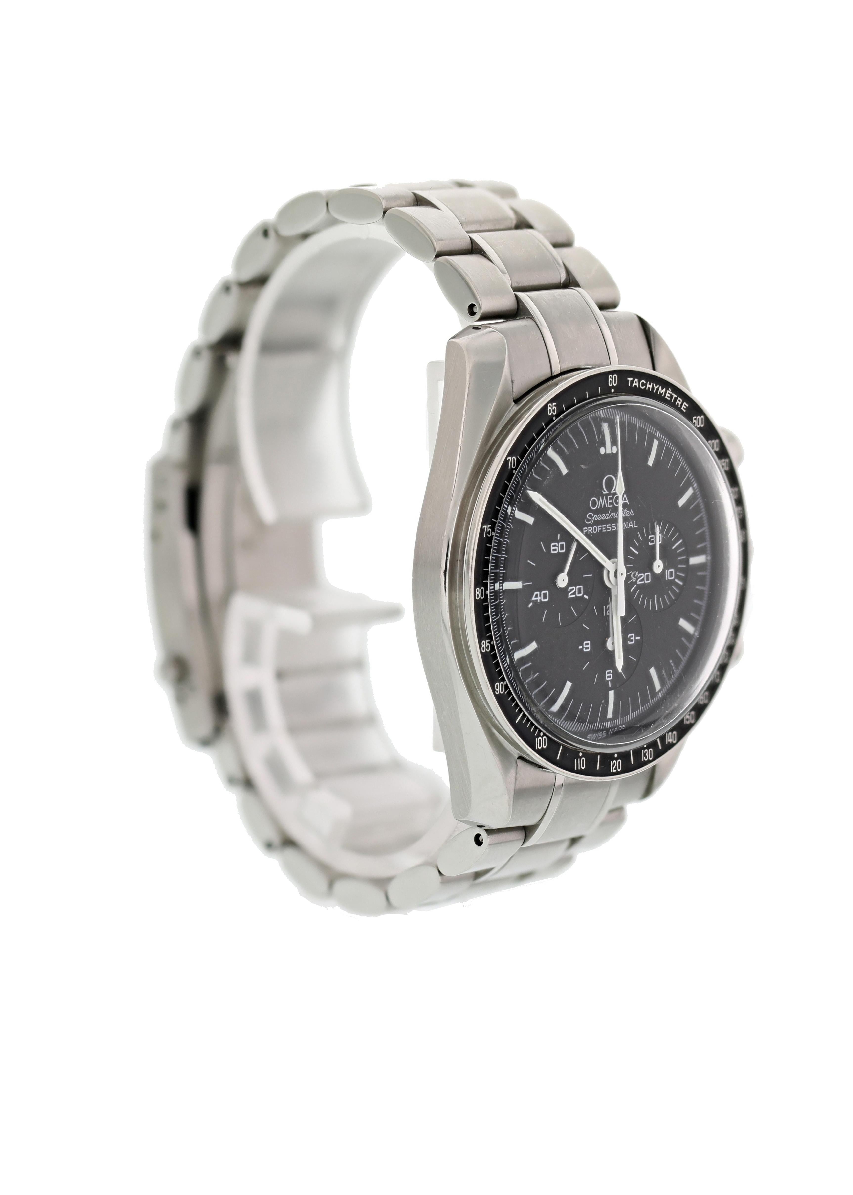 Omega Speedmaster Professional Moonwatch 3570.50.00. 42mm stainless steel case with tachymeter bezel. Black dial with luminous hand and indexes. 3 sub-dials displaying seconds, minutes and hours. Stainless steel bracelet with fold over clasp. Will