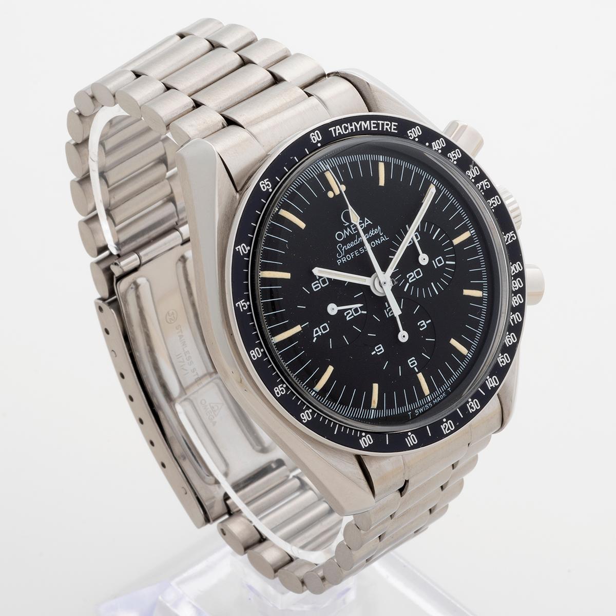 Our vintage Omega Speedmaster professional Moonwatch in stainless steel with stainless steel bracelet features a CRS (Spillman, Swiss) case, marked 145.022 C.R.S. on the caseback. A XXXXX serial watch, we date production to 1985. Presented in