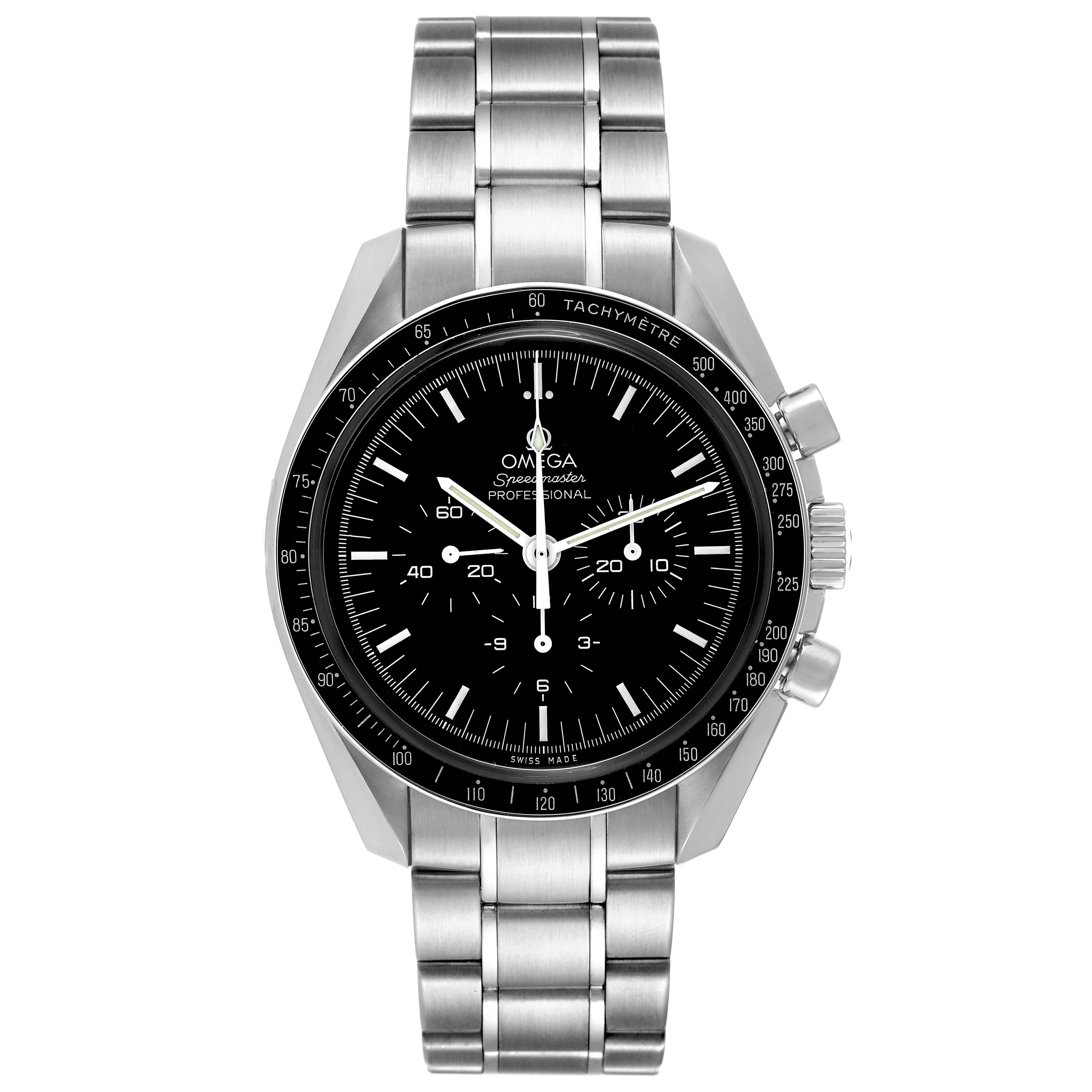 Omega Speedmaster Professional Moonwatch Mens Watch 311.30.42.30.01.005 Box Card. Manual winding chronograph movement. Stainless steel round case 42.0 mm in diameter. Stainless steel bezel with tachymeter function. Hesalite acrylic crystal. Black