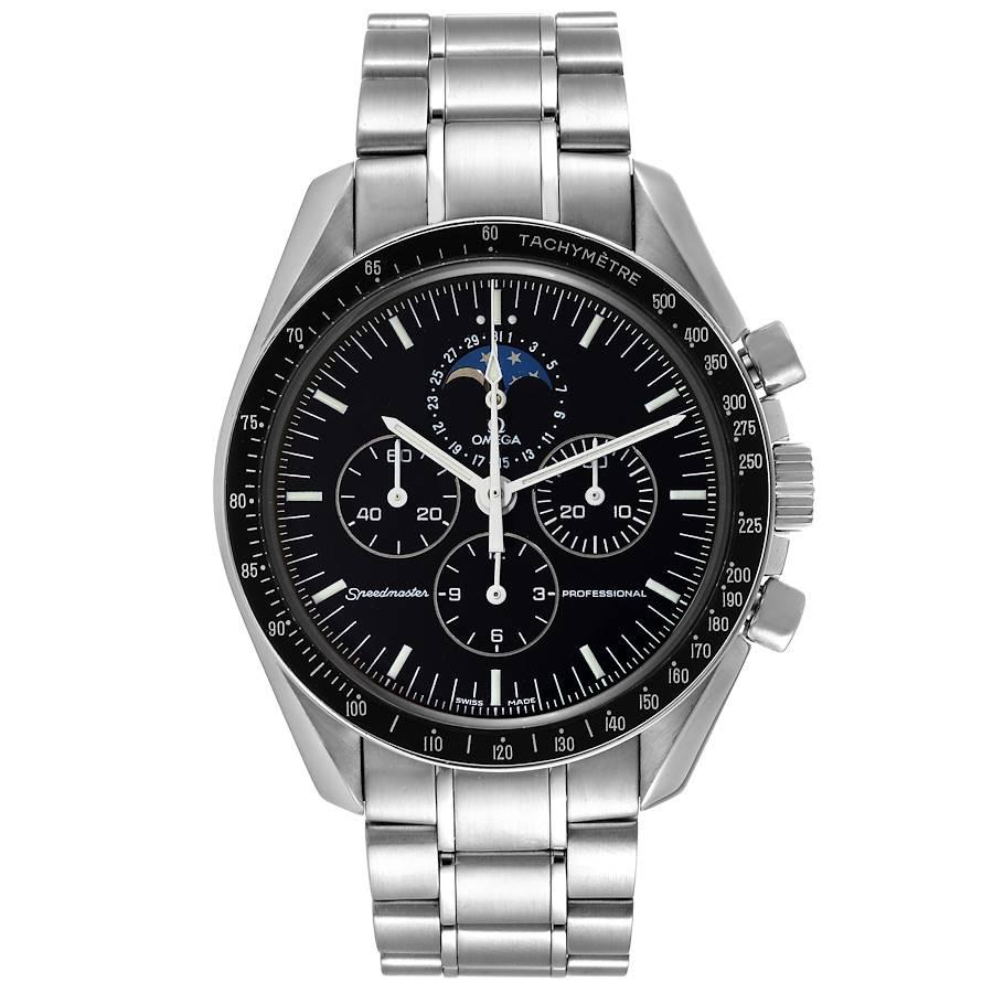 Omega Speedmaster Professional Moonwatch Moonphase Steel Mens Watch 3576.50.00. Manual winding chronograph movement. Stainless steel round case 42.0 mm in diameter. Transparent exhibition sapphire caseback. Stainless steel bezel with tachymetre