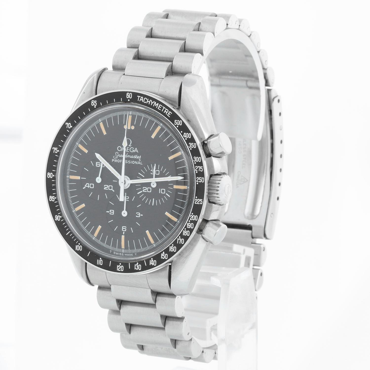 Omega Speedmaster Professional Moonwatch Stainless Steel Manual Wind Men's Watch - Manual winding; 17 jewel, caliber 861. Stainless steel case with black bezel insert  (42mm diameter). Black dial with luminous-style stick markers, three subdials.