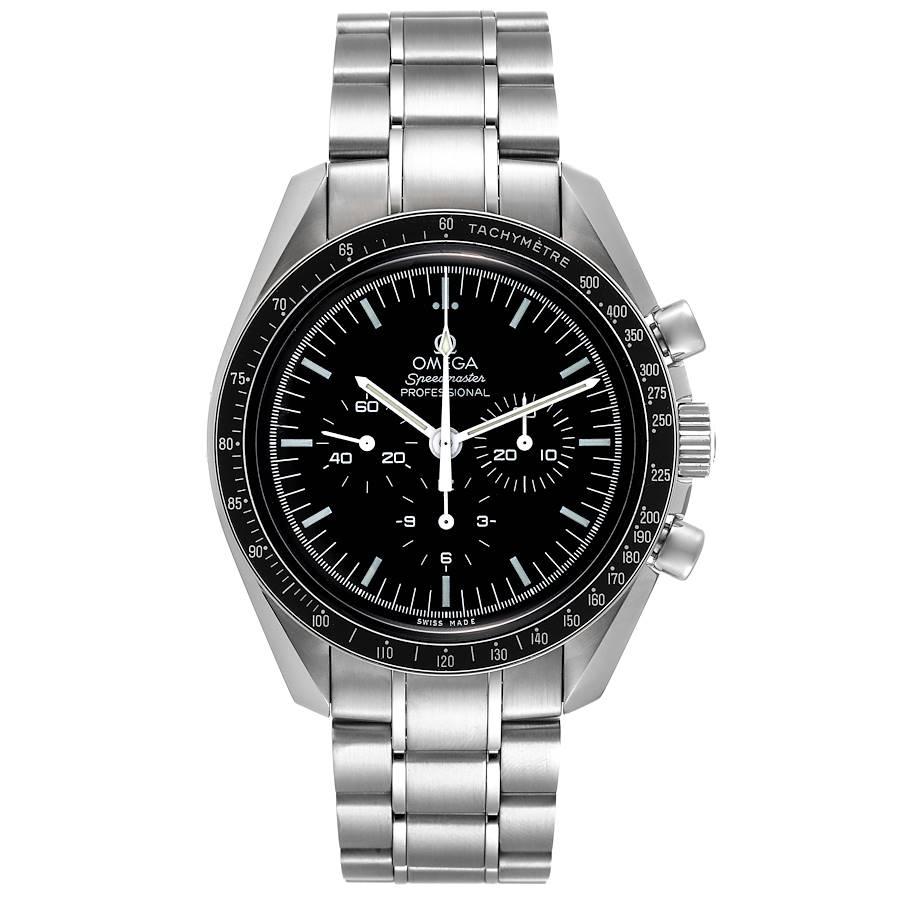 Omega Speedmaster Professional Moonwatch Steel Mens Watch 311.30.42.30.01.005. Manual winding chronograph movement. Stainless steel round case 42.0 mm in diameter. Stainless steel bezel with tachymeter function. Hesalite acrylic crystal. Black dial