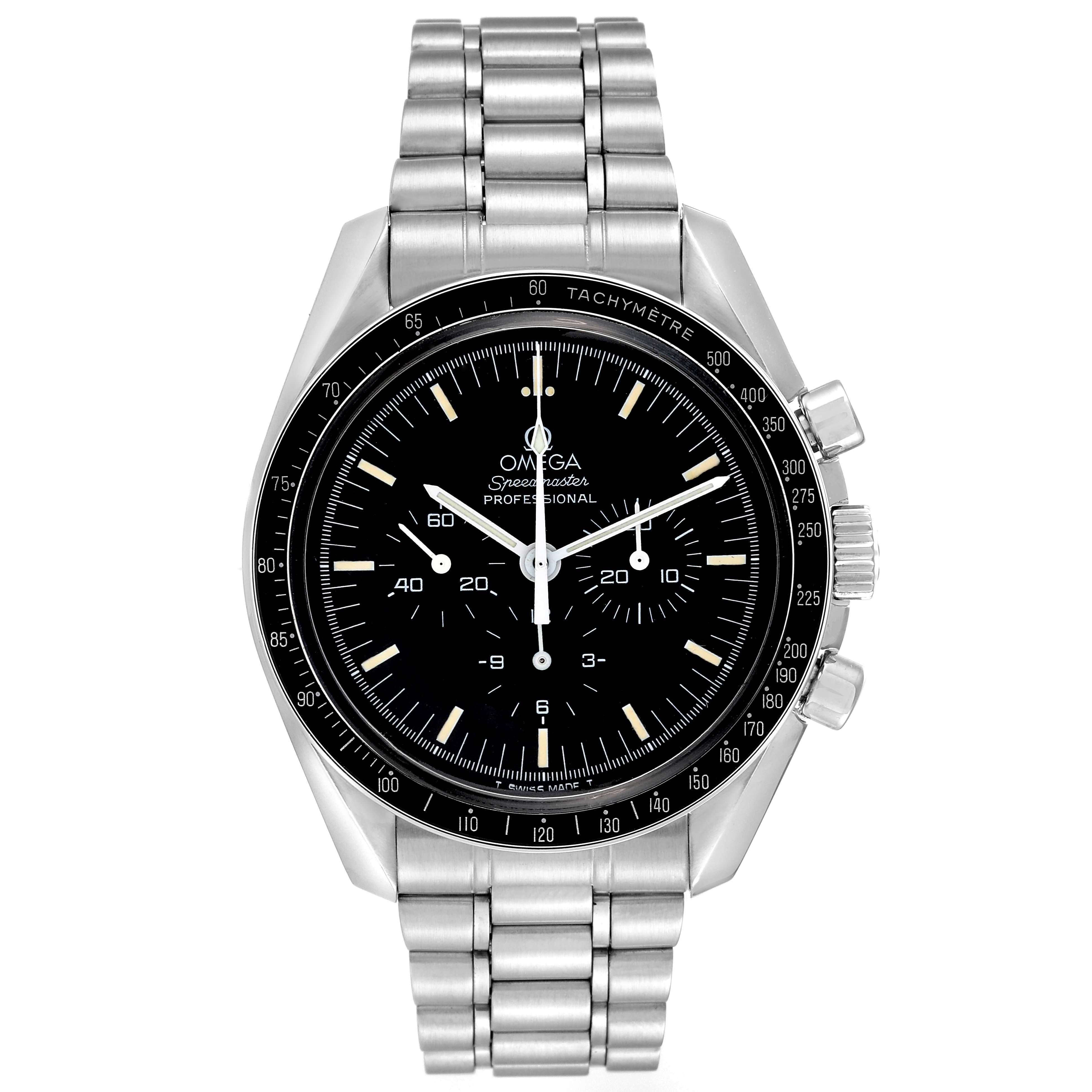 Omega Speedmaster Professional Moonwatch Steel Mens Watch 3592.50.00 Box Card. Manual winding chronograph movement. Stainless steel round case 42.0 mm in diameter. Exhibition transparent sapphire crystal caseback. Black bezel with tachymeter