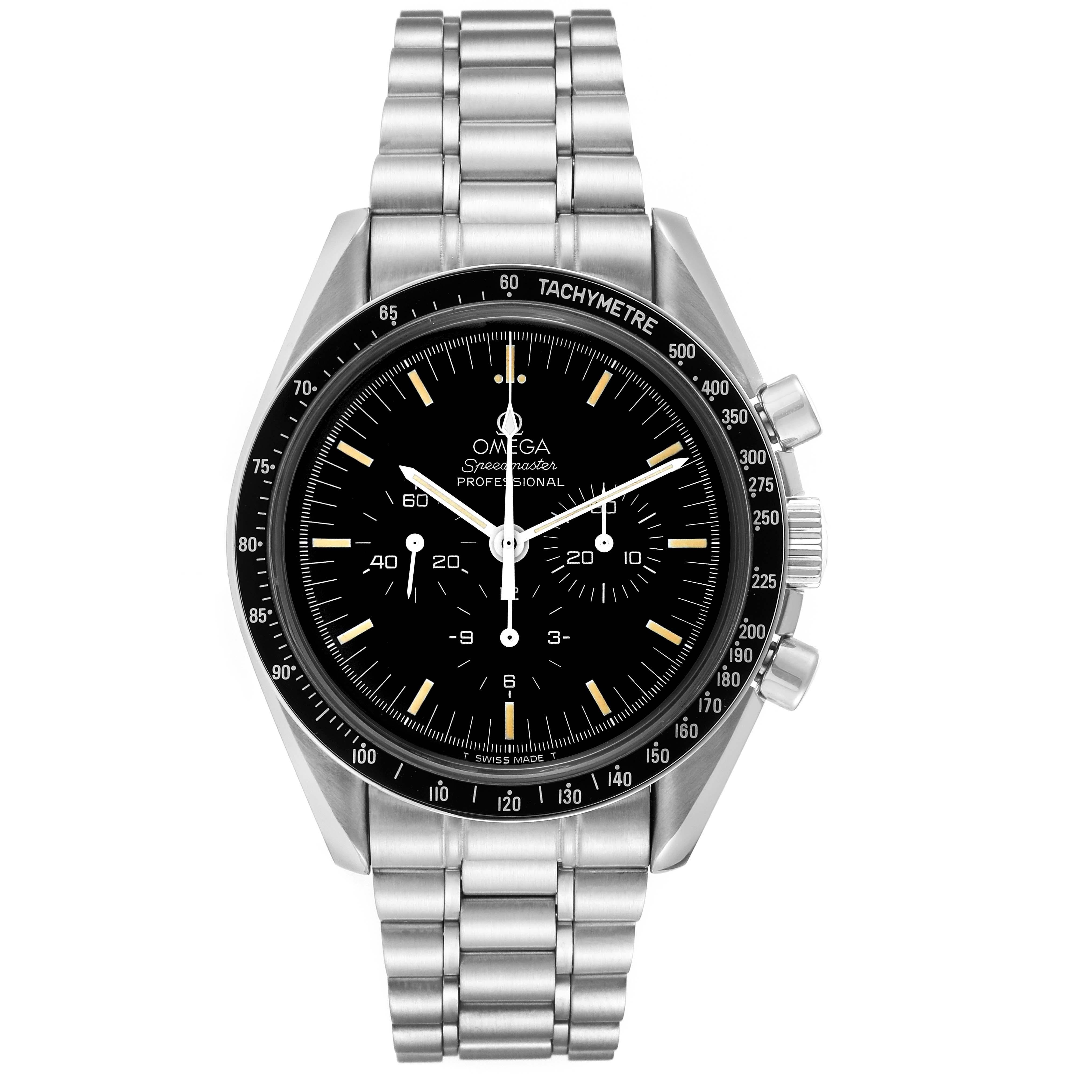 Omega Speedmaster Professional Moonwatch Steel Mens Watch 3592.50.00 Card. Manual winding chronograph movement. Stainless steel round case 42.0 mm in diameter. Exhibition transparent sapphire crystal caseback. Black bezel with tachymeter function.