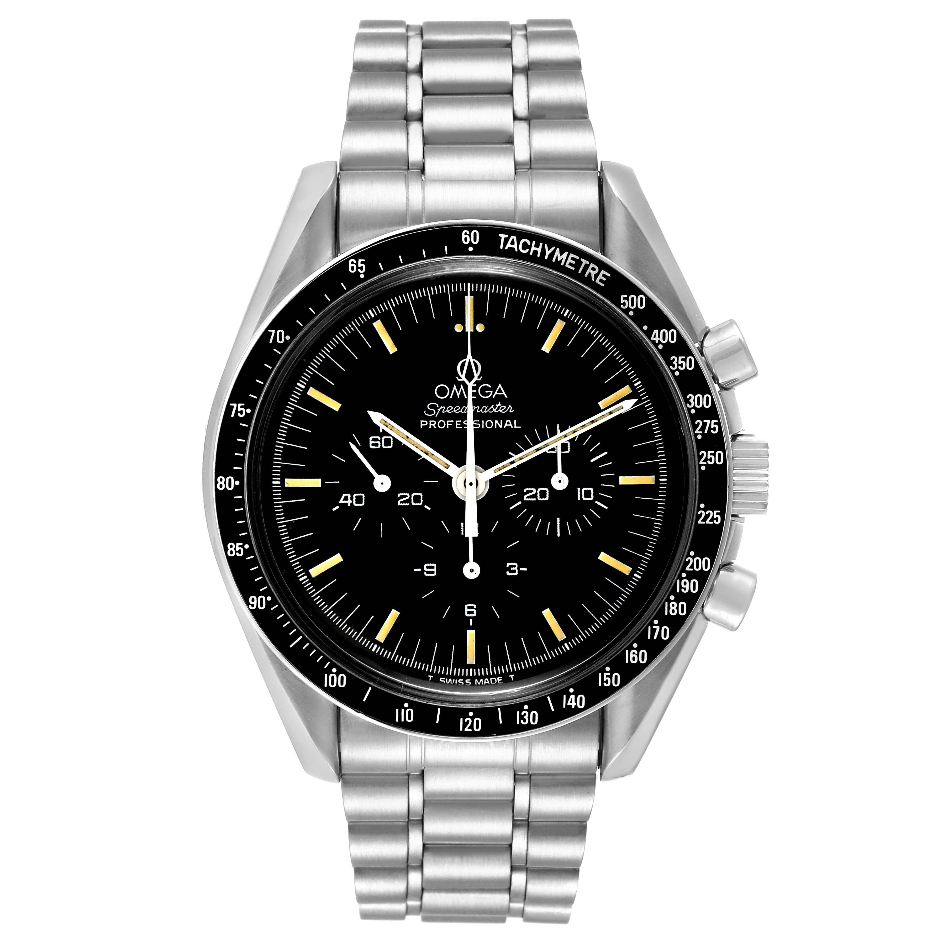 Omega Speedmaster Professional Moonwatch Steel Mens Watch 3592.50.00. Manual winding chronograph movement. Stainless steel round case 42.0 mm in diameter. Exhibition transparent sapphire crystal case back. Black bezel with tachymeter function.