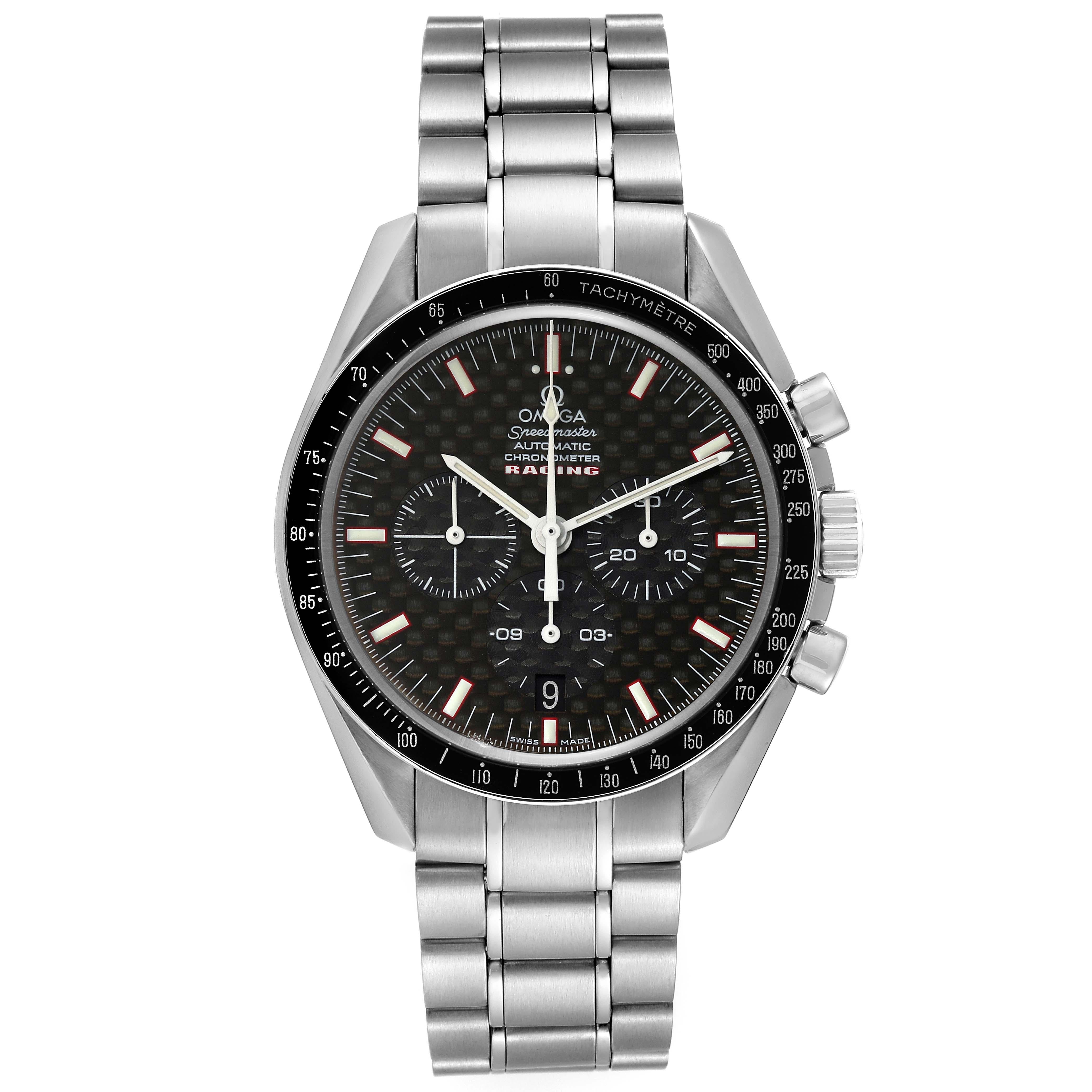 Omega Speedmaster Professional Racing Steel Mens Watch 3552.59.00 Box Card. Automatic self-winding chronograph movement. Stainless steel round case 42.0 mm in diameter. Black bezel with tachymeter function. Scratch resistant sapphire crystal