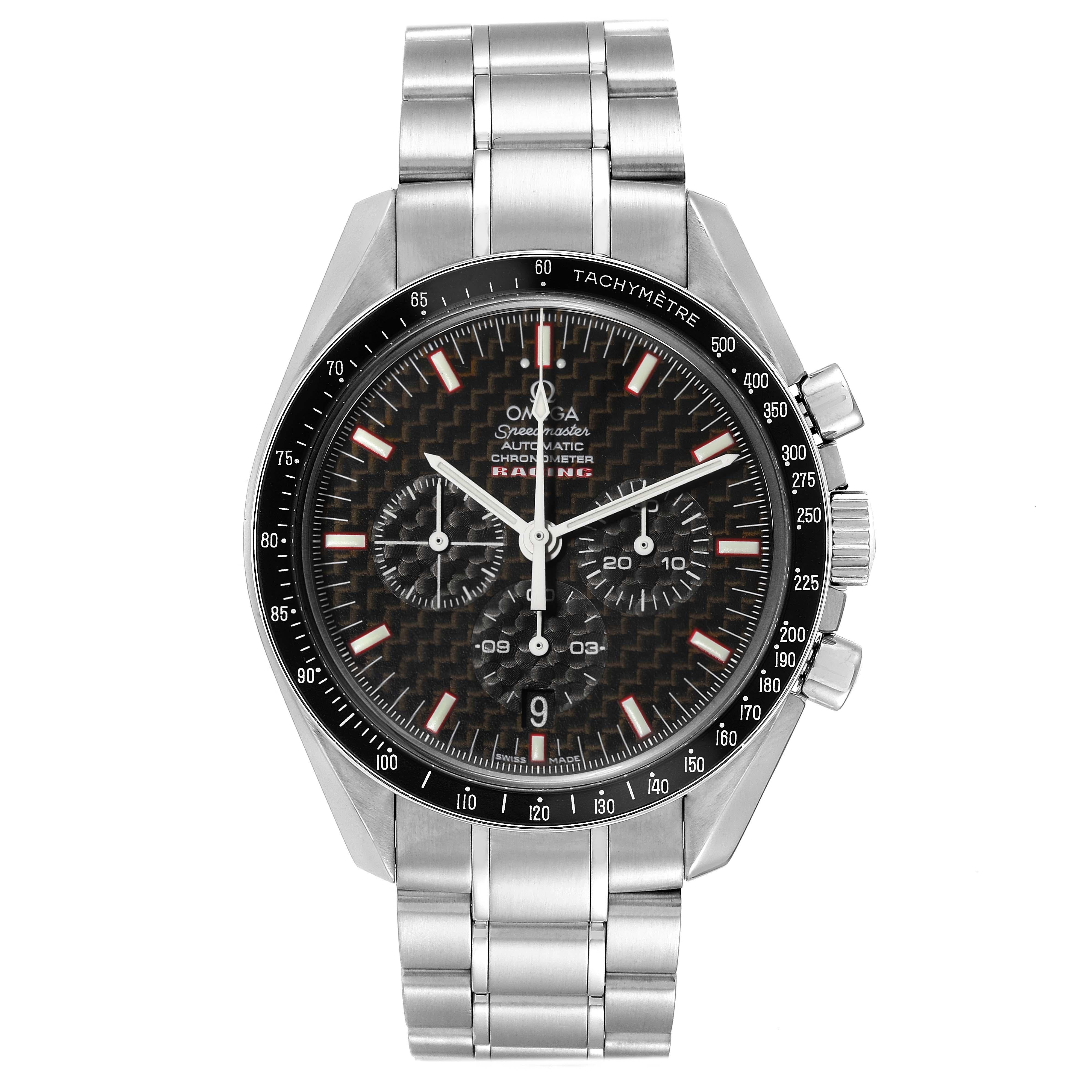 Omega Speedmaster Professional Racing Steel Mens Watch 3552.59.00 Box Card. Automatic self-winding chronograph movement. Stainless steel round case 42.0 mm in diameter. Black bezel with tachymeter function. Scratch resistant sapphire crystal. Black