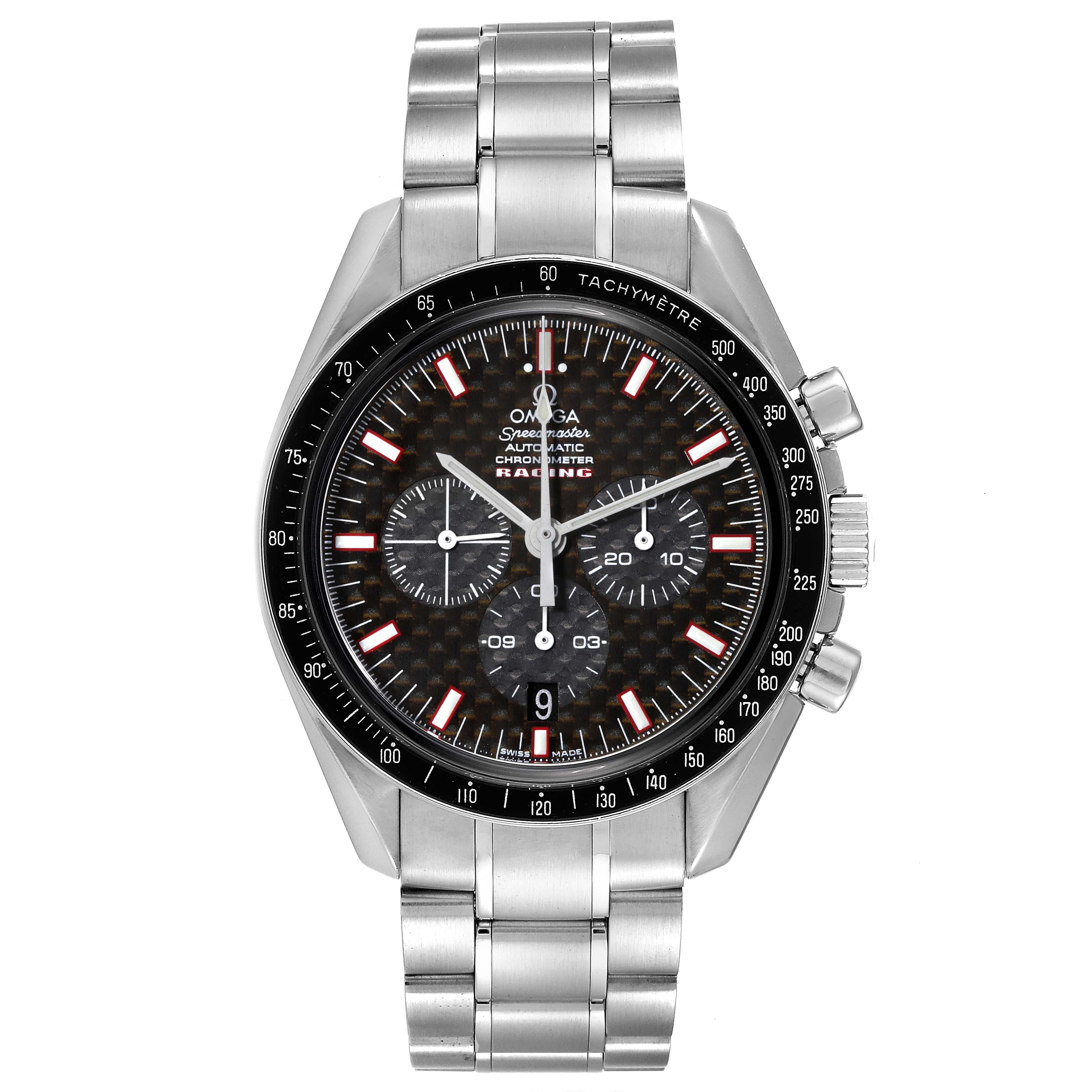 Omega Speedmaster Professional Racing Steel Mens Watch 3552.59.00 Card. Automatic self-winding chronograph movement. Stainless steel round case 42.0 mm in diameter. Black bezel with tachymeter function. Scratch resistant sapphire crystal crystal.