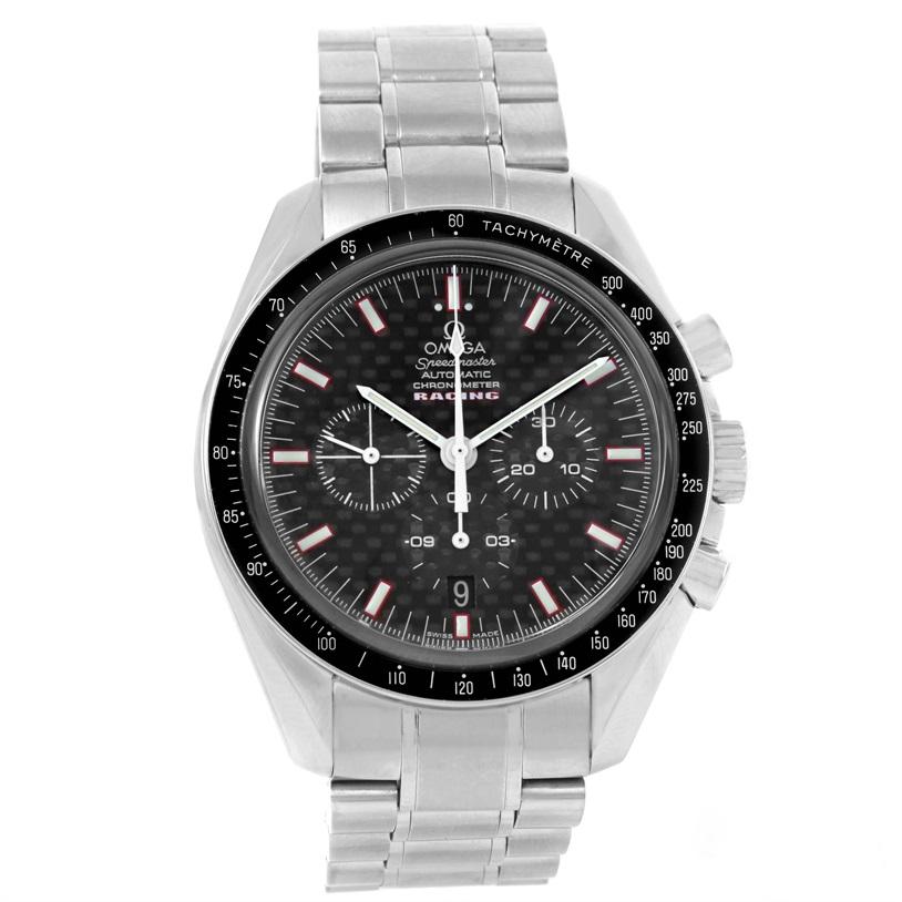 Omega Speedmaster Professional Racing Steel Mens Watch 3552.59.00. Automatic self-winding chronograph movement. Stainless steel round case 42.0 mm in diameter. Scratch resistant sapphire crystal crystal. Black carbon fibre dial with indexes and