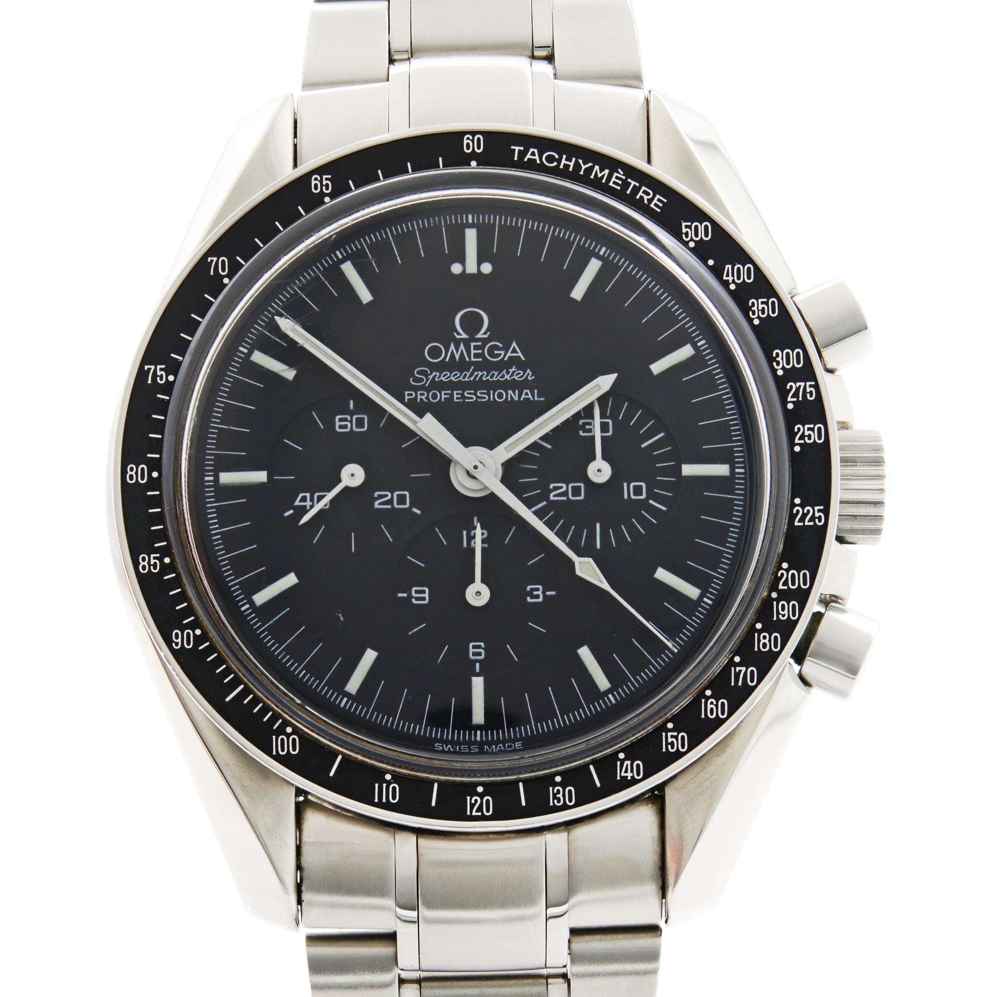 Pre-owned Omega Speedmaster Professional mens Watch. Comes without the manufacturer's box and papers. 
Details:
MSRP 5500
Brand OMEGA 
Color Steel
Department Men
Model Number 3573.50.00
Model Omega Speedmaster
Style Sport
Movement Mechanical