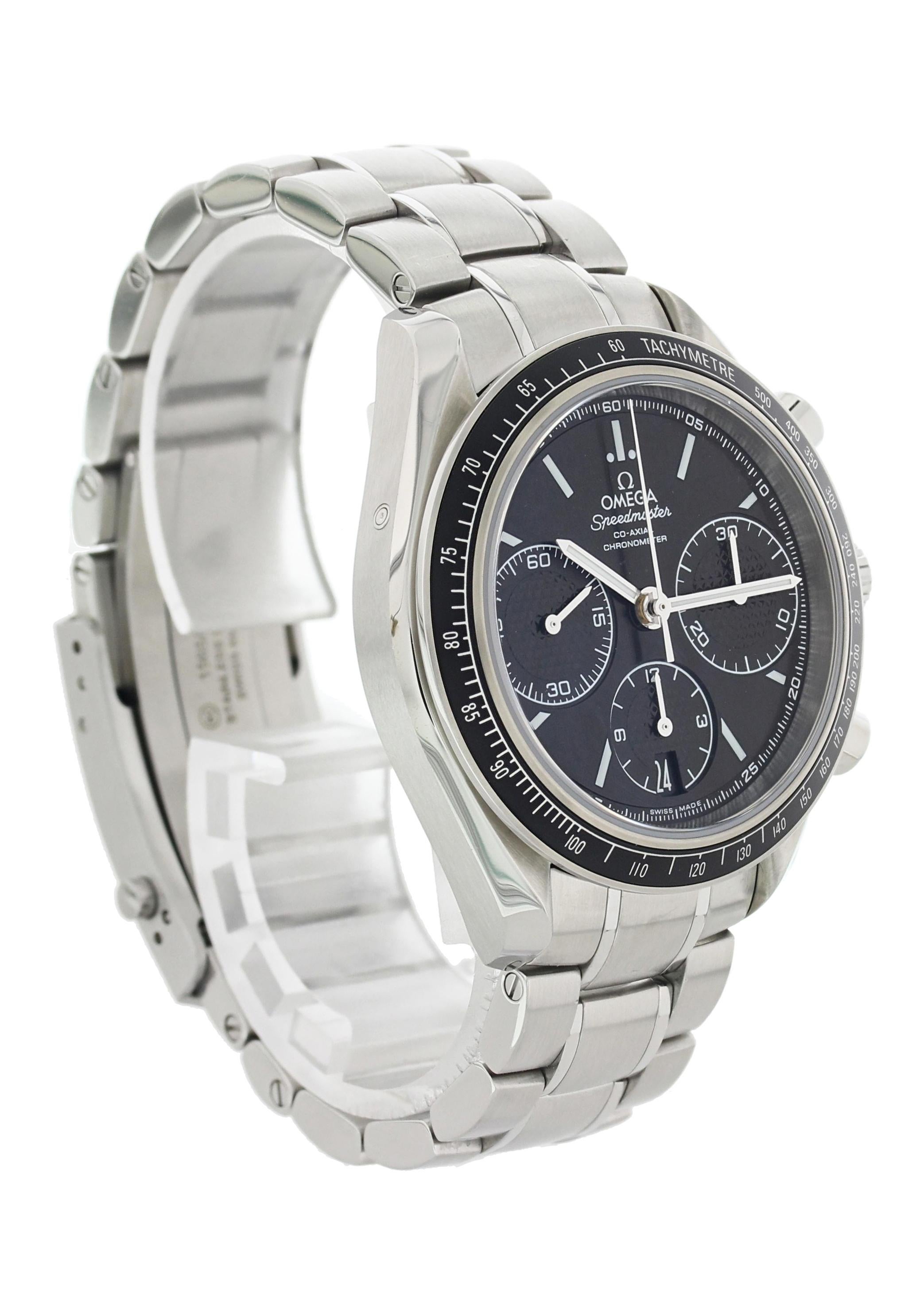 Omega Speedmaster Racing Co-Axial 326.30.40.50.01.001 Men's Watch. 40mm stainless steel case. tachymeter bezel with black bezel insert. Black dial with luminous steel hands and index hour markers. Minute markers around the outer rim. Date display at