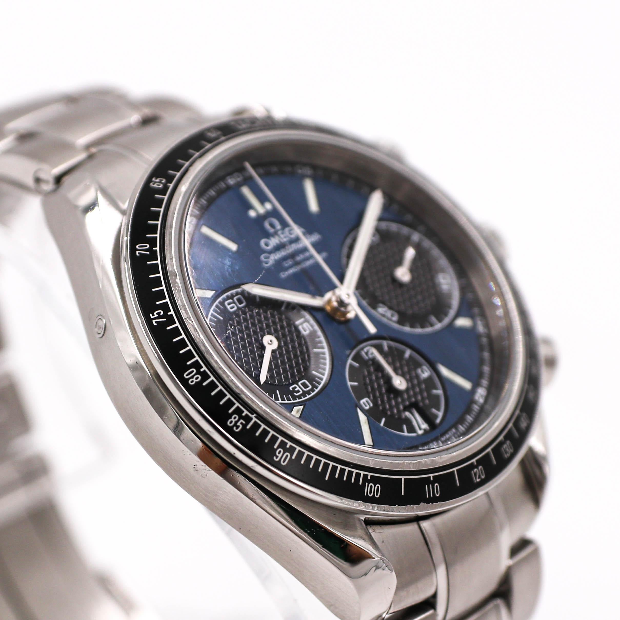 This certified authentic pre-owned Omega Speedmaster Racing Co-Axial Chronograph Sports Watch, with the Model Number: 326.32.40.50.03.001, has a Stainless Steel 40 mm Round Case with Screw Down Crown and a Stainless Steel Bezel. This Men's Omega