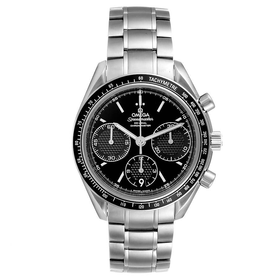 Omega Speedmaster Racing Black Dial Steel Watch 326.30.40.50.01.001 Card. COSC-certified Omega automatic chronograph movement with a column-wheel mechanism, a Co-Axial Escapement, and a silicon balance spring. Caliber 3330. Stainless steel round