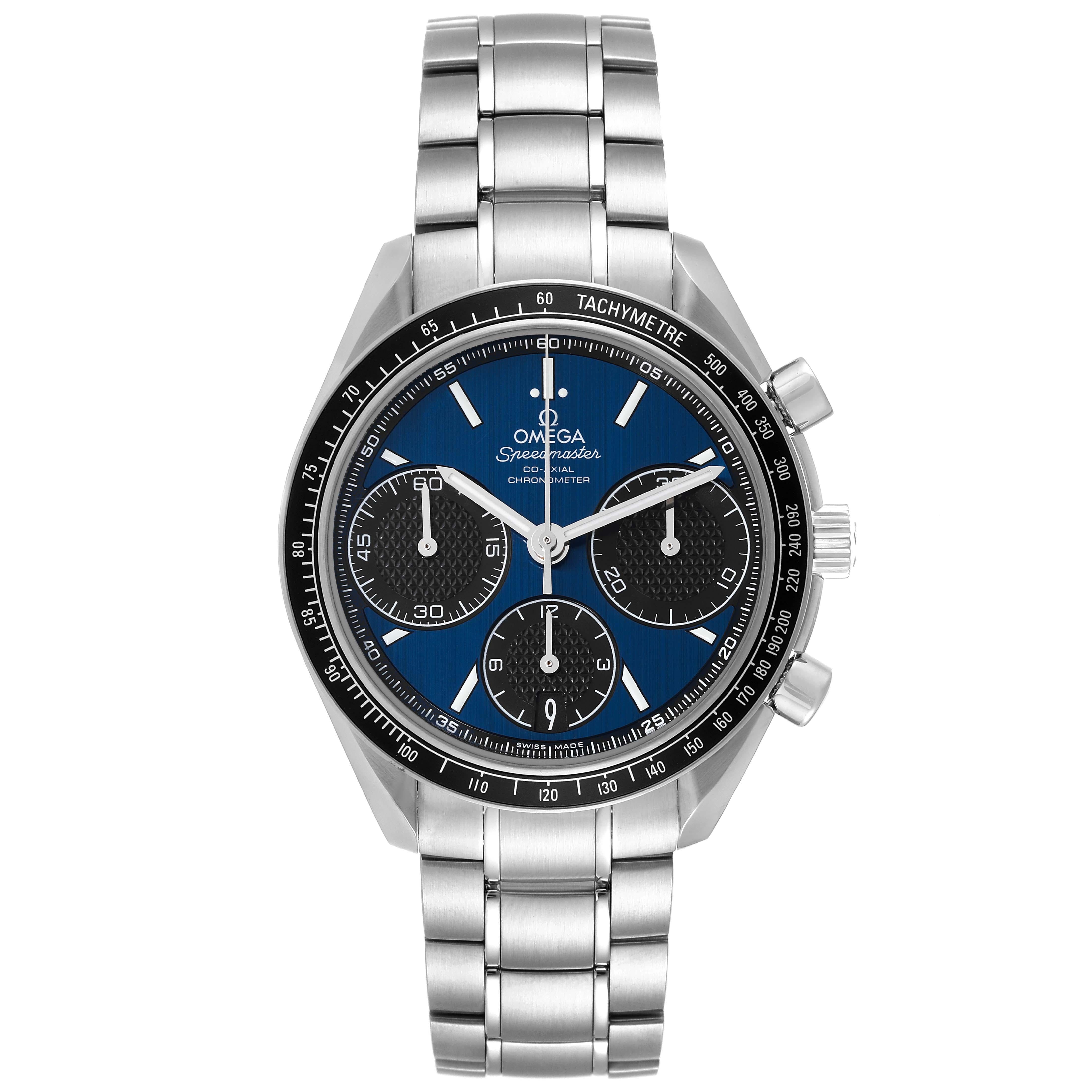 Omega Speedmaster Racing Blue Dial Steel Mens Watch 326.30.40.50.03.001 Box Card. Automatic Self-winding chronograph movement with column-wheel mechanism and Co-Axial escapement. Free sprung-balance equipped with Si14 silicon balance spring.