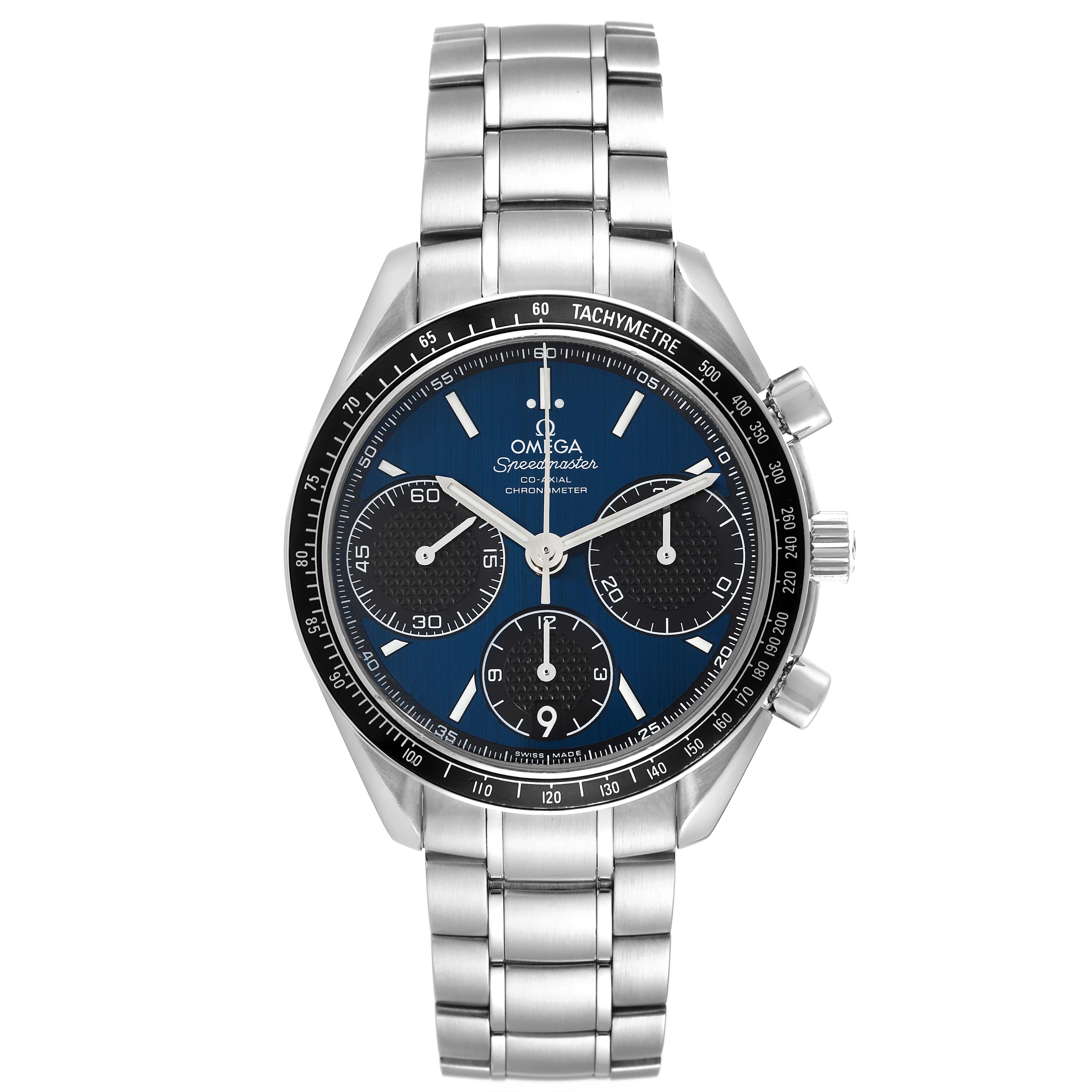 Omega Speedmaster Racing Blue Dial Steel Mens Watch 326.30.40.50.03.001 Box Card. Automatic Self-winding chronograph movement with column-wheel mechanism and Co-Axial escapement. Free sprung-balance equipped with Si14 silicon balance spring.