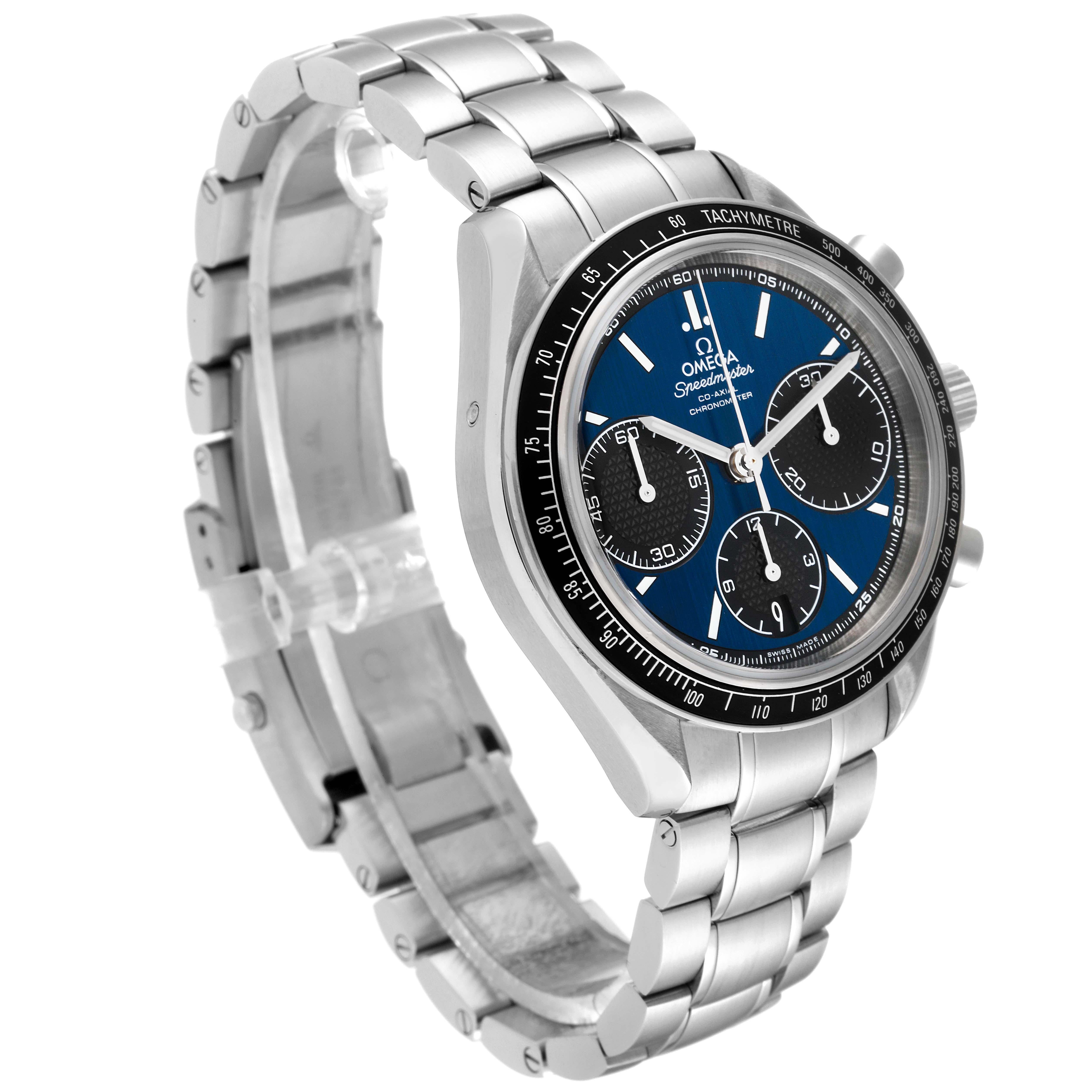 Omega Speedmaster Racing Blue Dial Steel Mens Watch 326.30.40.50.03.001 Box Card Excellent état à Atlanta, GA