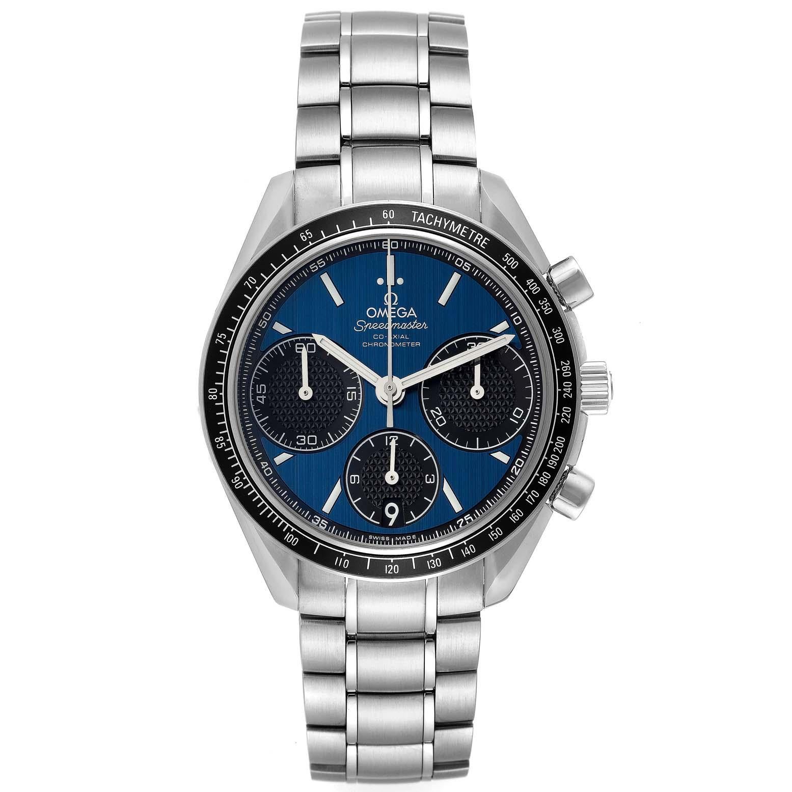 Omega Speedmaster Racing Blue Dial Steel Mens Watch 326.30.40.50.03.001. Automatic Self-winding chronograph movement with column-wheel mechanism and Co-Axial escapement. Free sprung-balance equipped with Si14 silicon balance spring. Officially