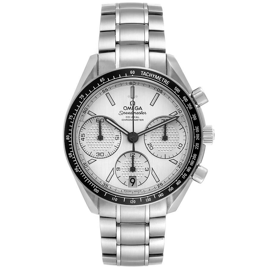 Omega Speedmaster Racing Chrono Mens Watch 326.30.40.50.02.001 Box Card. COSC-certified Omega automatic chronograph movement with a column-wheel mechanism, a Co-Axial Escapement, and a silicon balance spring. Caliber 3330. Stainless steel round case