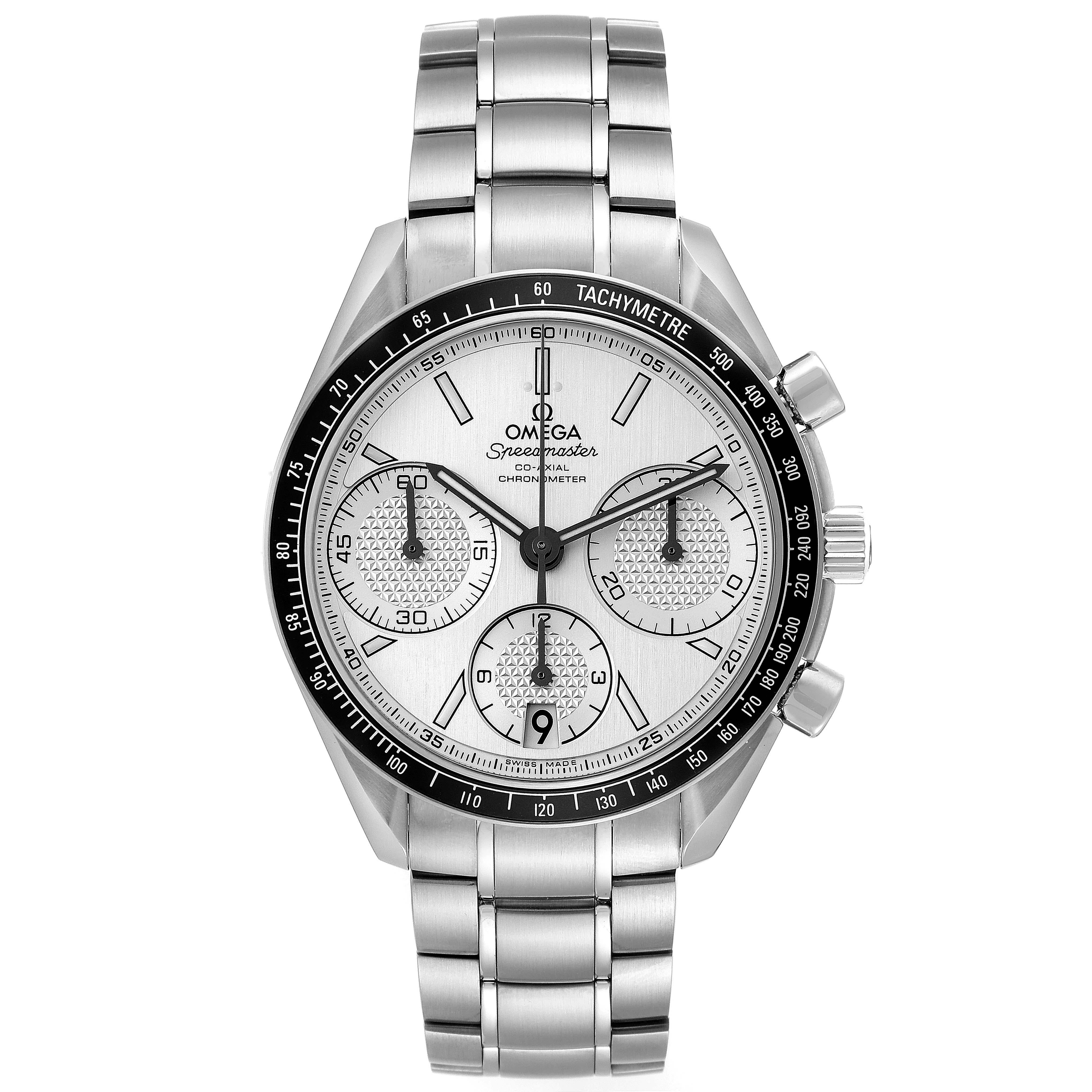 Omega Speedmaster Racing Chrono Steel Mens Watch 326.30.40.50.02.001 Box Card. COSC-certified Omega automatic chronograph movement with a column-wheel mechanism, a Co-Axial Escapement, and a silicon balance spring. Stainless steel round case 40.0 mm