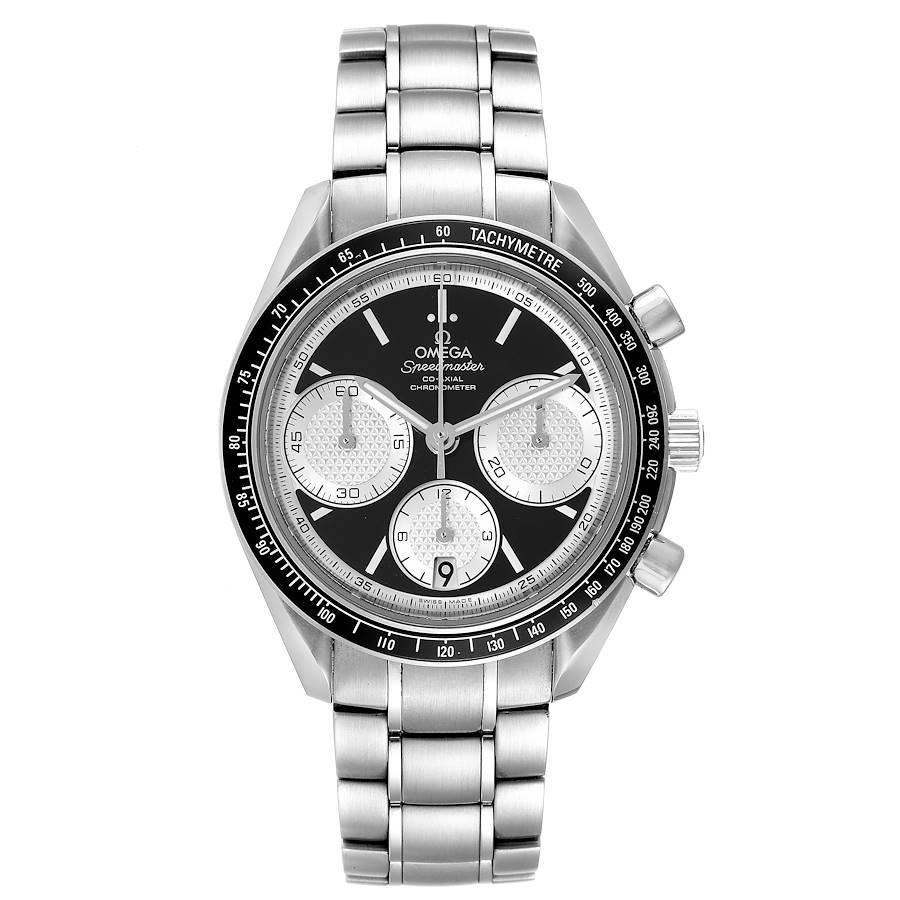 Omega Speedmaster Racing Chronograph Watch 326.30.40.50.01.002 Box Card. COSC-certified Omega automatic chronograph movement with a column-wheel mechanism, a Co-Axial Escapement, and a silicon balance spring. Caliber 3330. Stainless steel round case