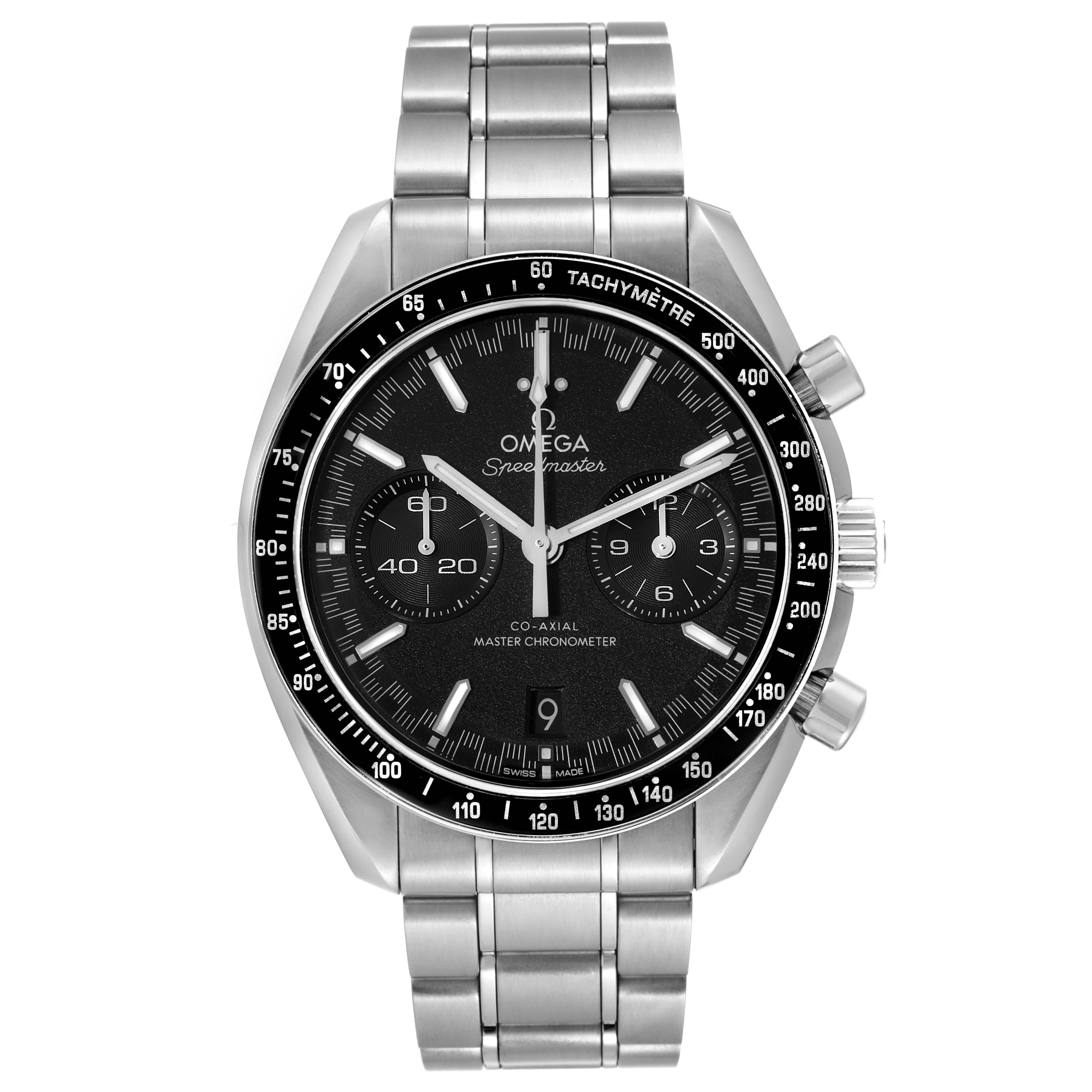 Omega Speedmaster Racing Co-Axial 44 Steel Mens Watch 329.30.44.51.01.001. COSC-certified co-axial Omega automatic chronograph movement. Stainless steel round case 44.25 mm in diameter with polished bevelled edges, pushers and crown. Exhibition