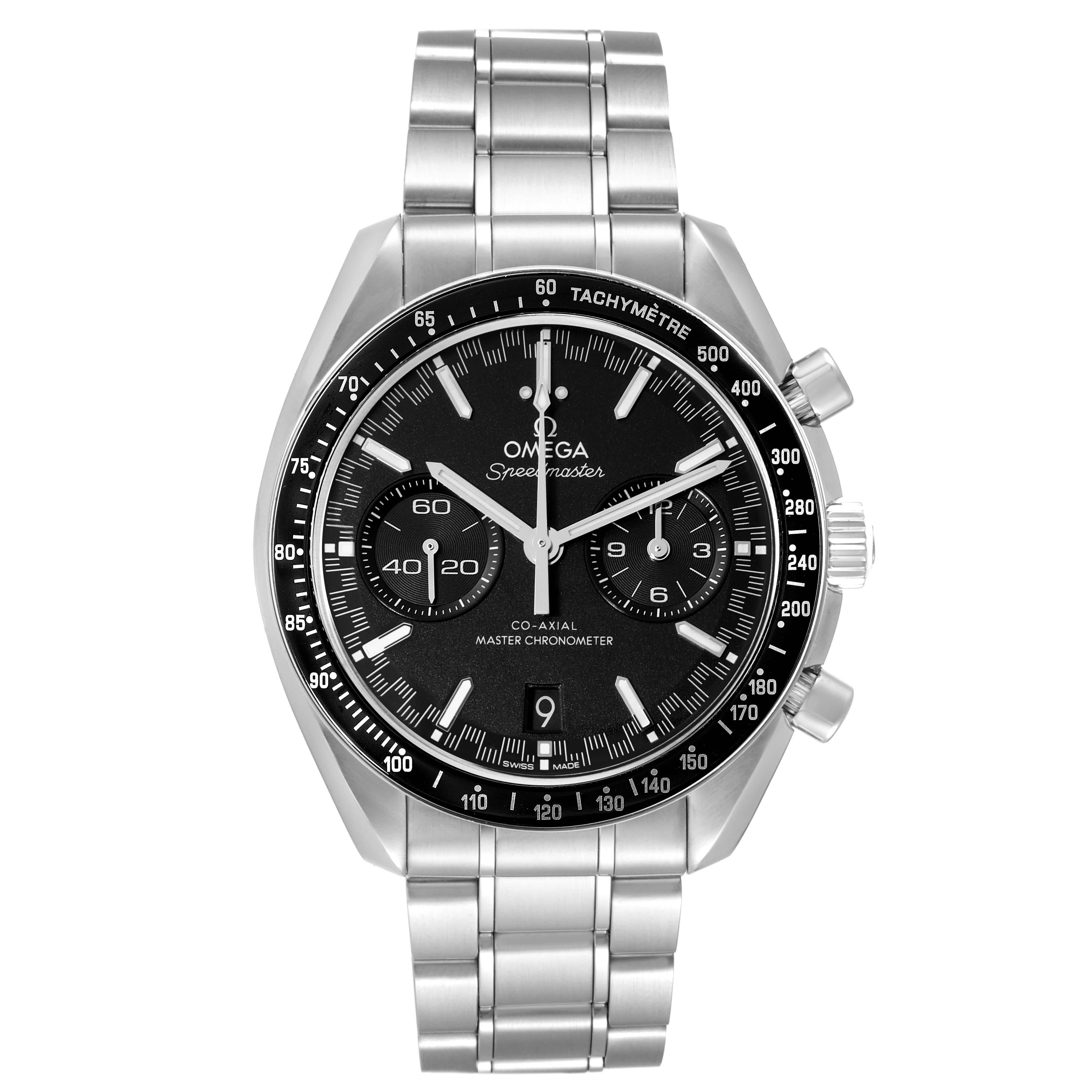 Omega Speedmaster Racing Co-Axial 44 Steel Mens Watch 329.30.44.51.01.001 Box Card. COSC-certified co-axial Omega automatic chronograph movement. Stainless steel round case 44.25 mm in diameter with polished bevelled edges, pushers and crown.