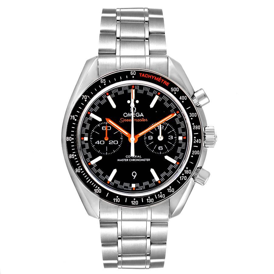 Omega Speedmaster Racing Co-Axial 44 Steel Watch 329.30.44.51.01.002 Box Card. COSC-certified co-axial Omega automatic chronograph movement. Stainless steel round case 44.25 mm in diameter with polished bevelled edges, pushers and crown. Exhibition